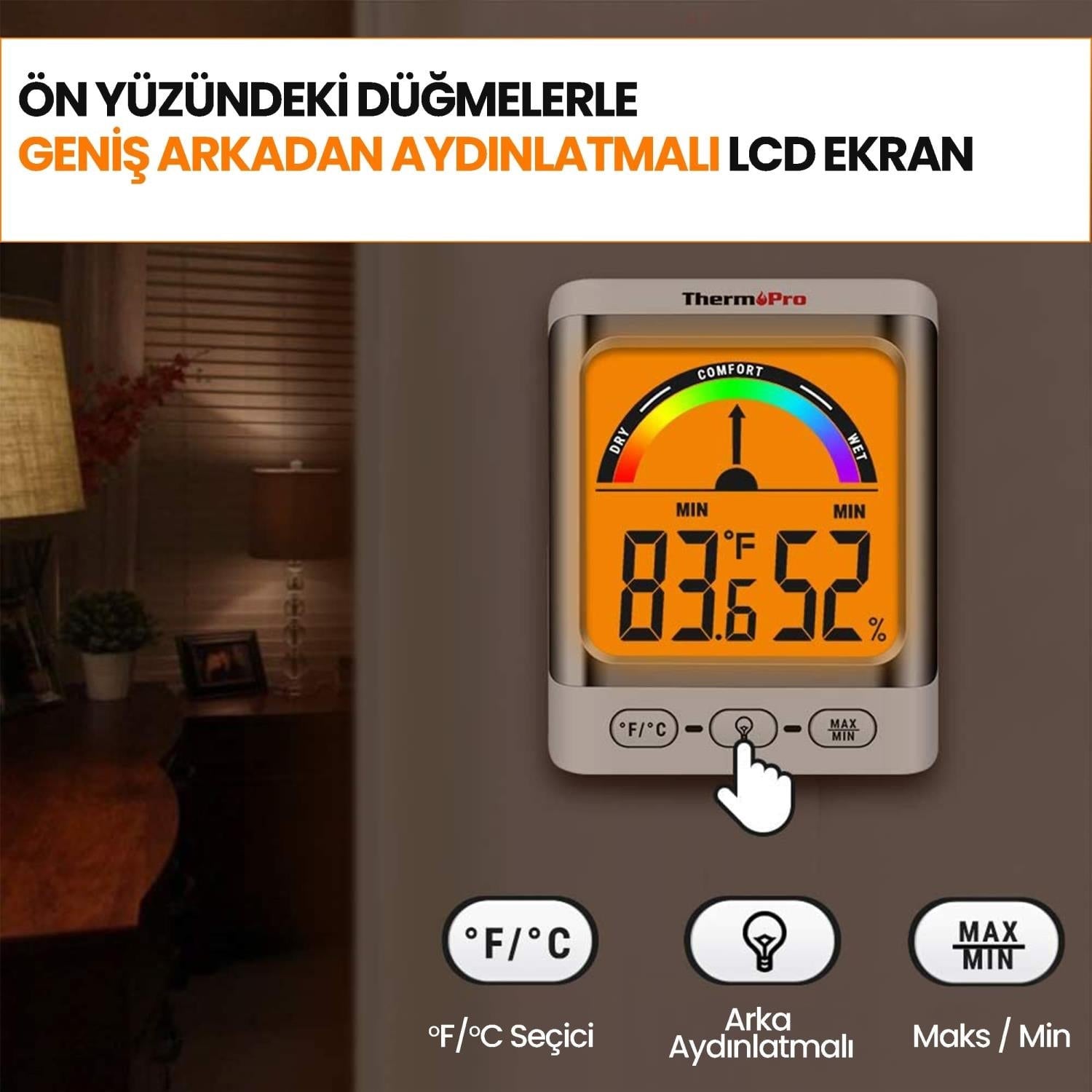 ThermoPro TP52 Geniş Arkadan Aydınlatmalı LCD Ekran