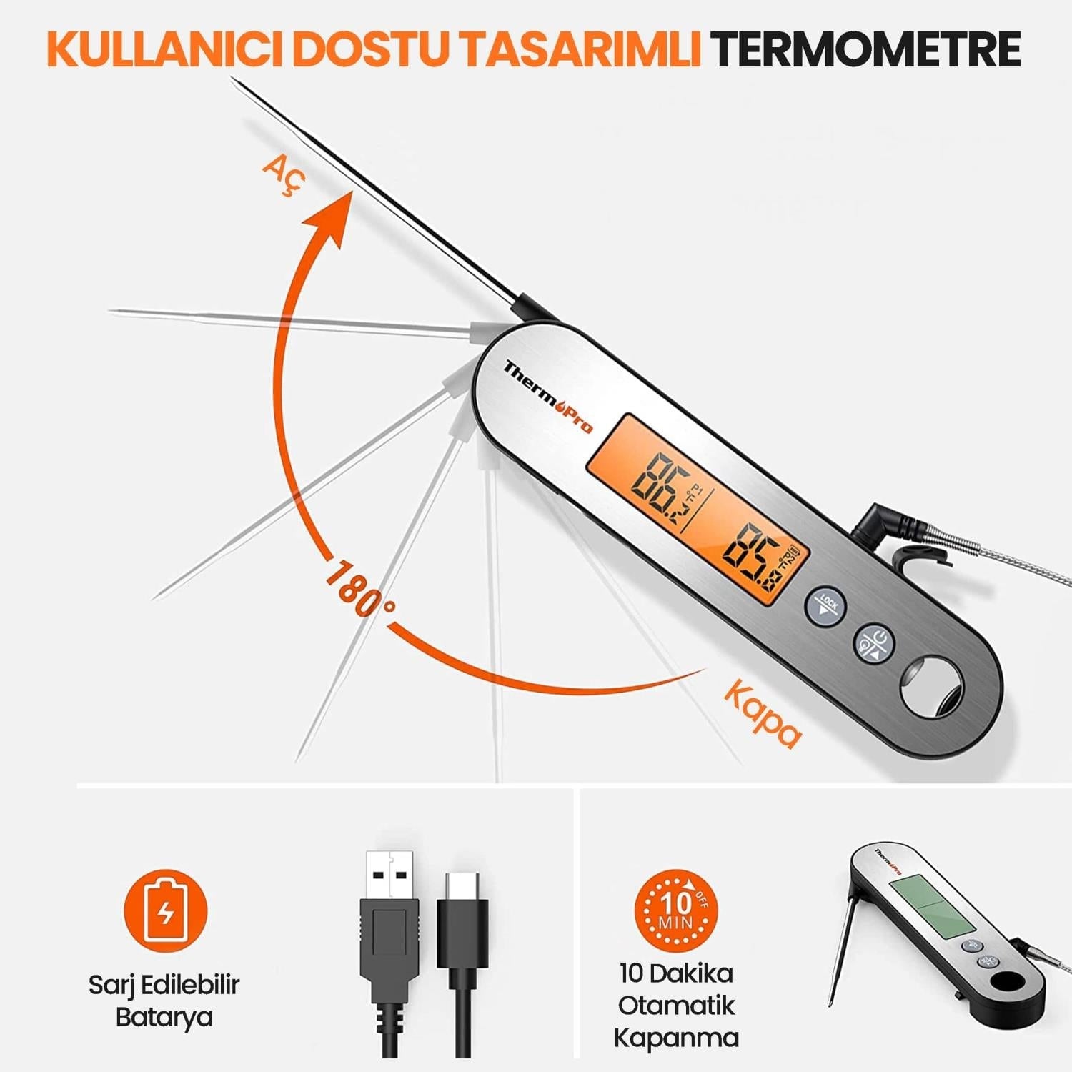 ThermoPro TP610 katlanabilir prob ve şarj edilebilir batarya özelliği