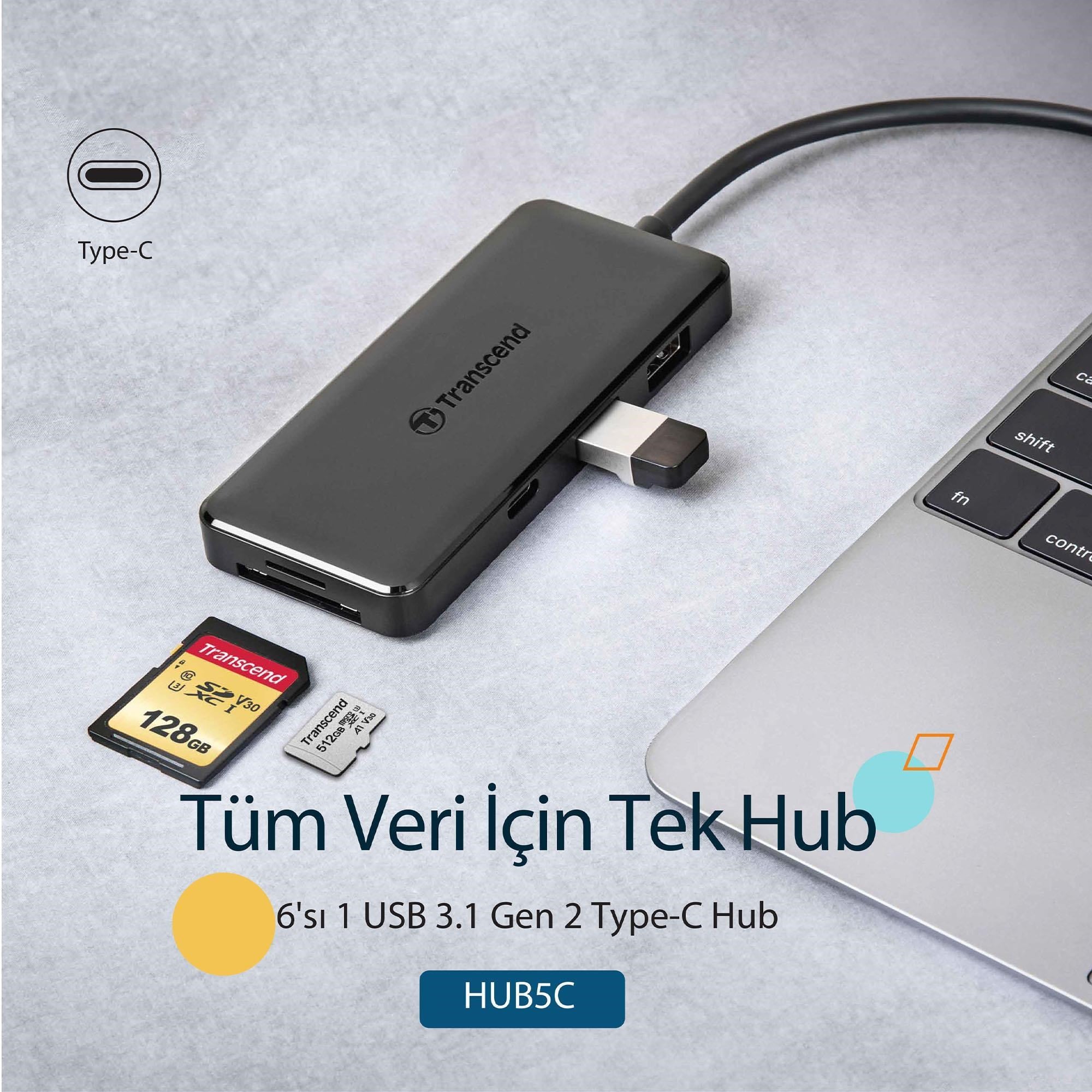 Transcend HUB5C portları ve kart yuvaları