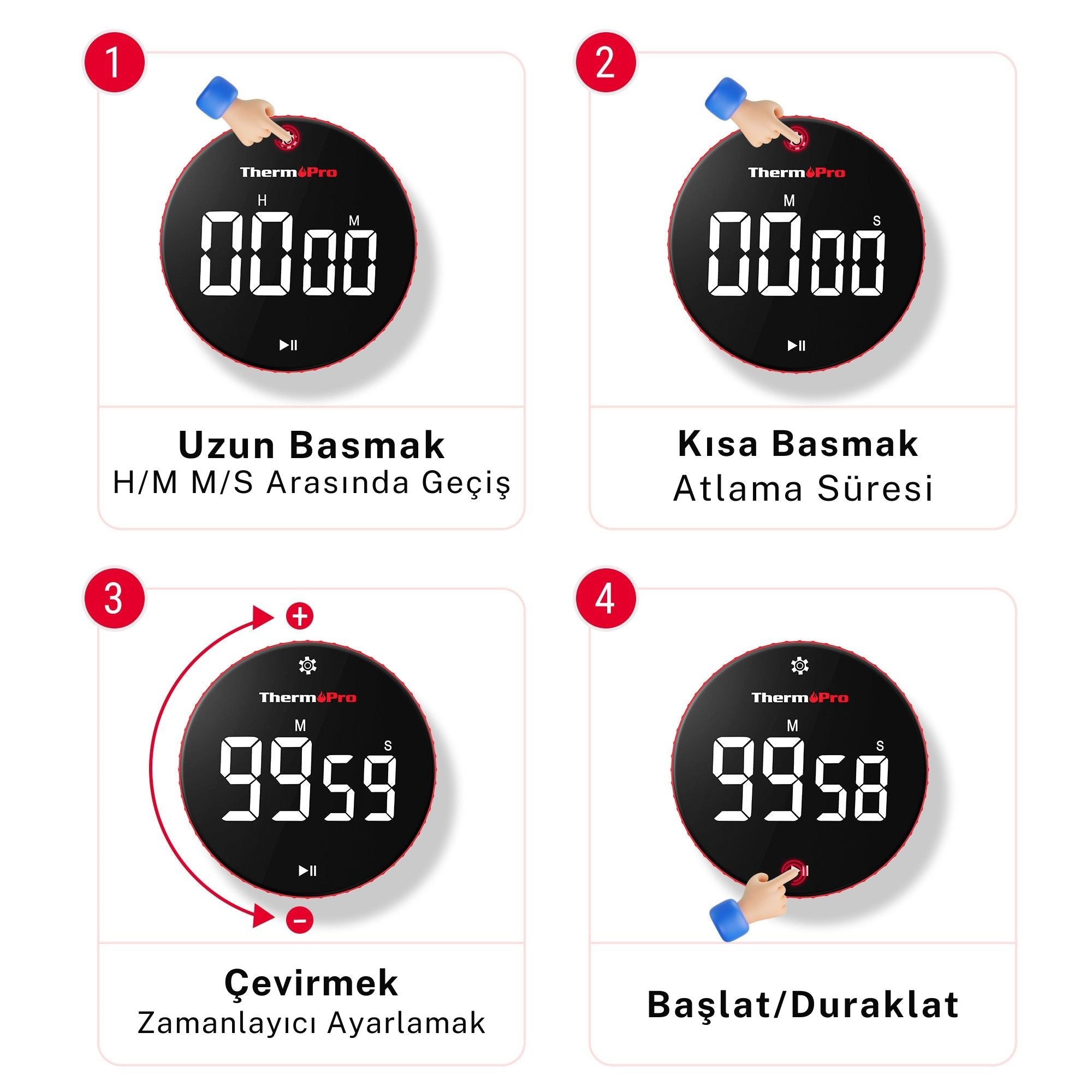 Thermopro TM04 Akıllı Dijital Mıknatıslı Ledli Alarmlı 100dk Profesyonel Kronometre Zamanlayıcı