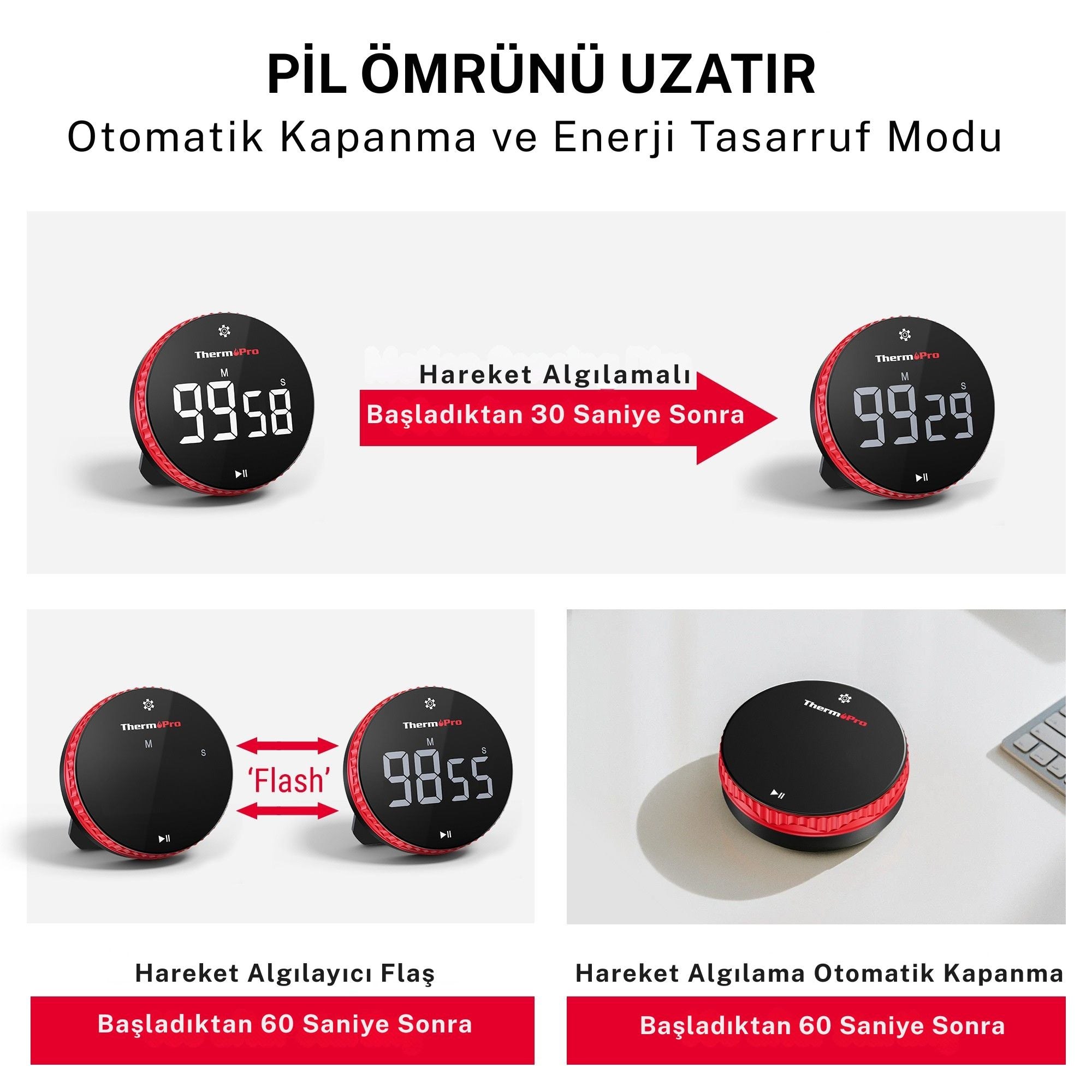Thermopro TM04 Akıllı Dijital Mıknatıslı Ledli Alarmlı 100dk Profesyonel Kronometre Zamanlayıcı