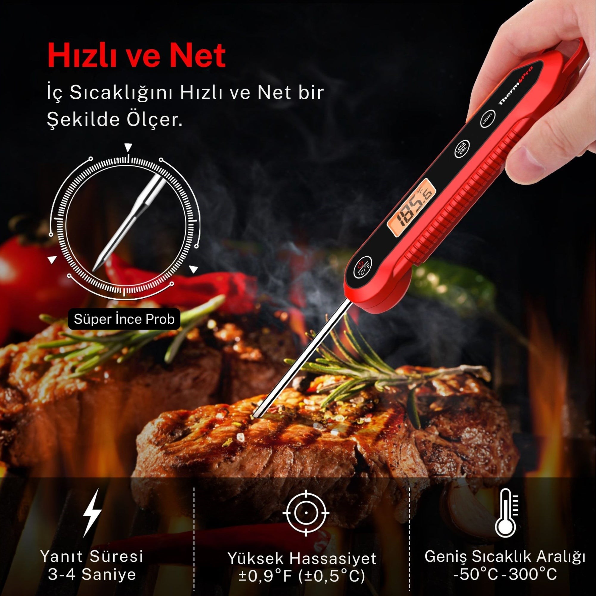 Thermopro TP-03H Su Geçirmez Katlanabilir Profesyonel Gıda Pişirme Termometresi-Kırmızı