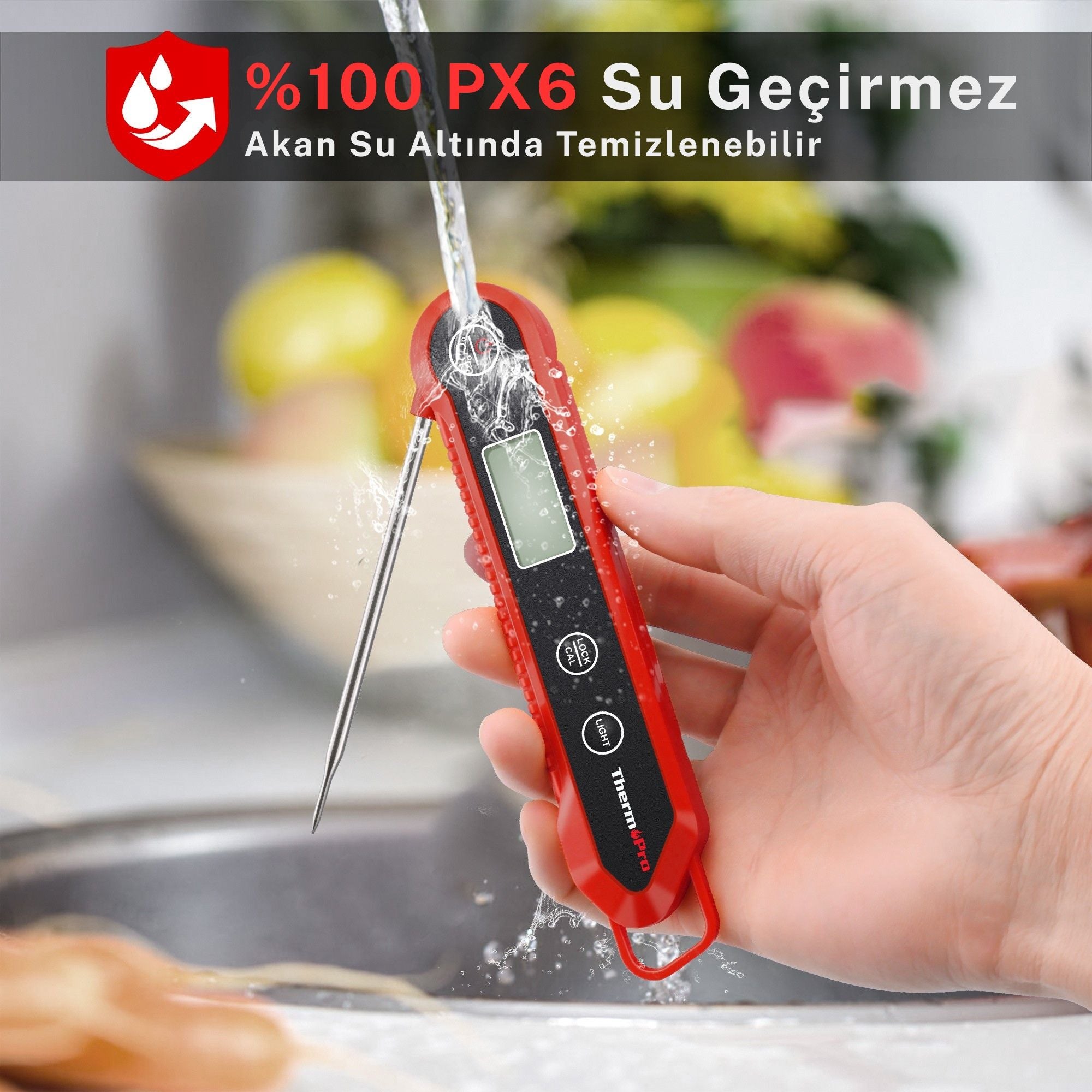 Thermopro TP-03H Su Geçirmez Katlanabilir Profesyonel Gıda Pişirme Termometresi-Kırmızı