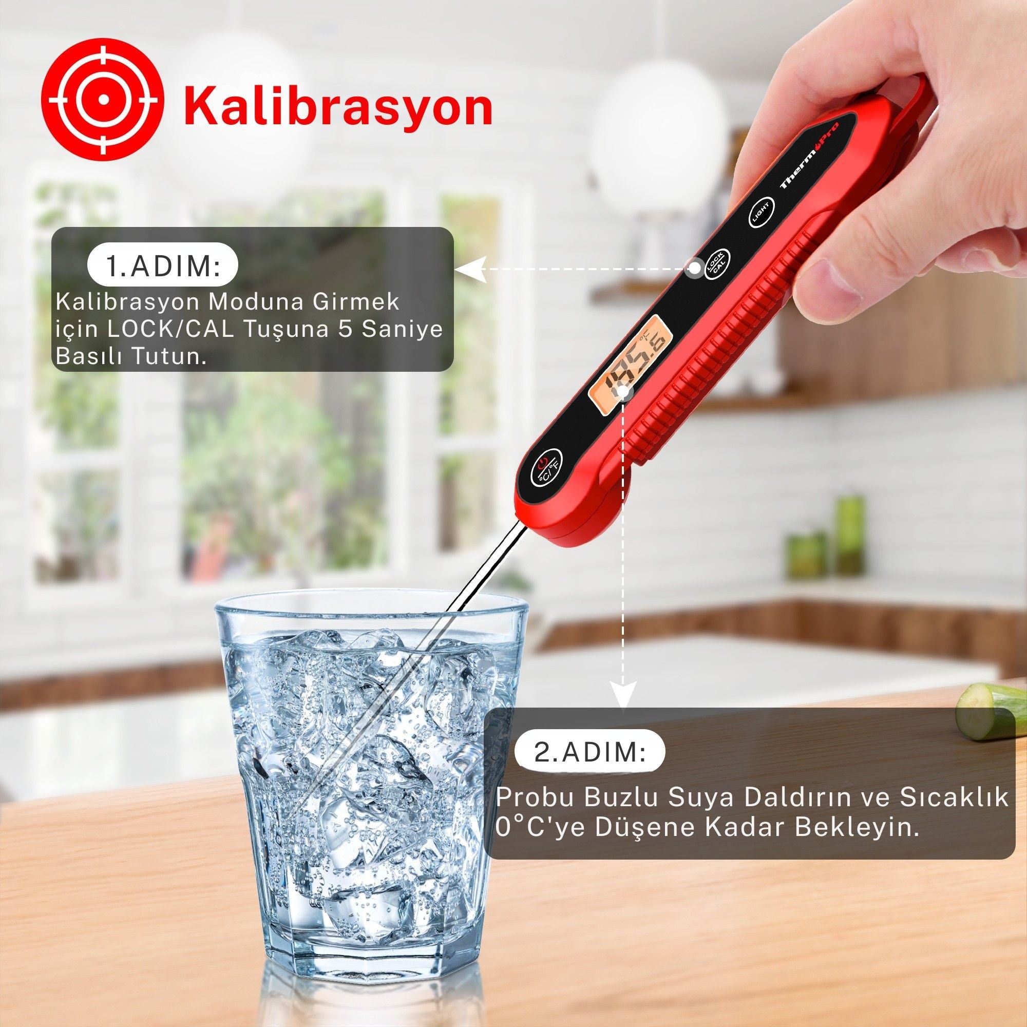 Thermopro TP-03H Su Geçirmez Katlanabilir Profesyonel Gıda Pişirme Termometresi-Kırmızı