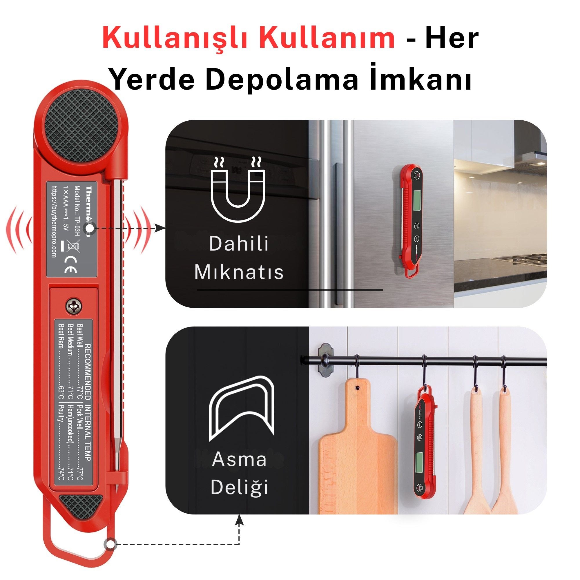 Thermopro TP-03H Su Geçirmez Katlanabilir Profesyonel Gıda Pişirme Termometresi-Kırmızı