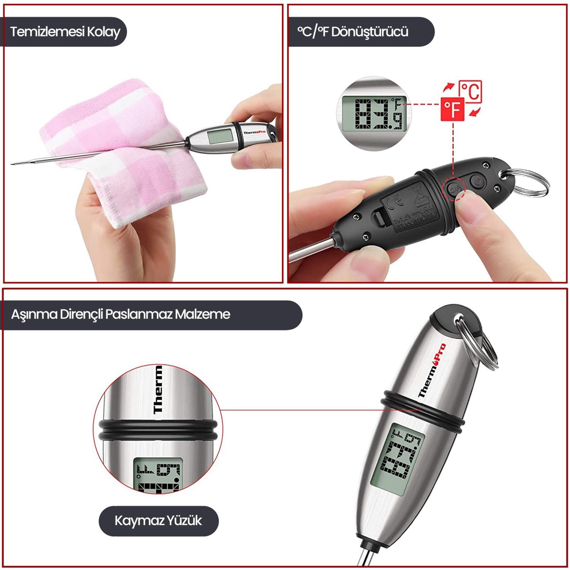 ThermoPro TP02S Işıklı Daldırma/Saplama Çelik Gövdeli Gıda Pişirme Termometresi