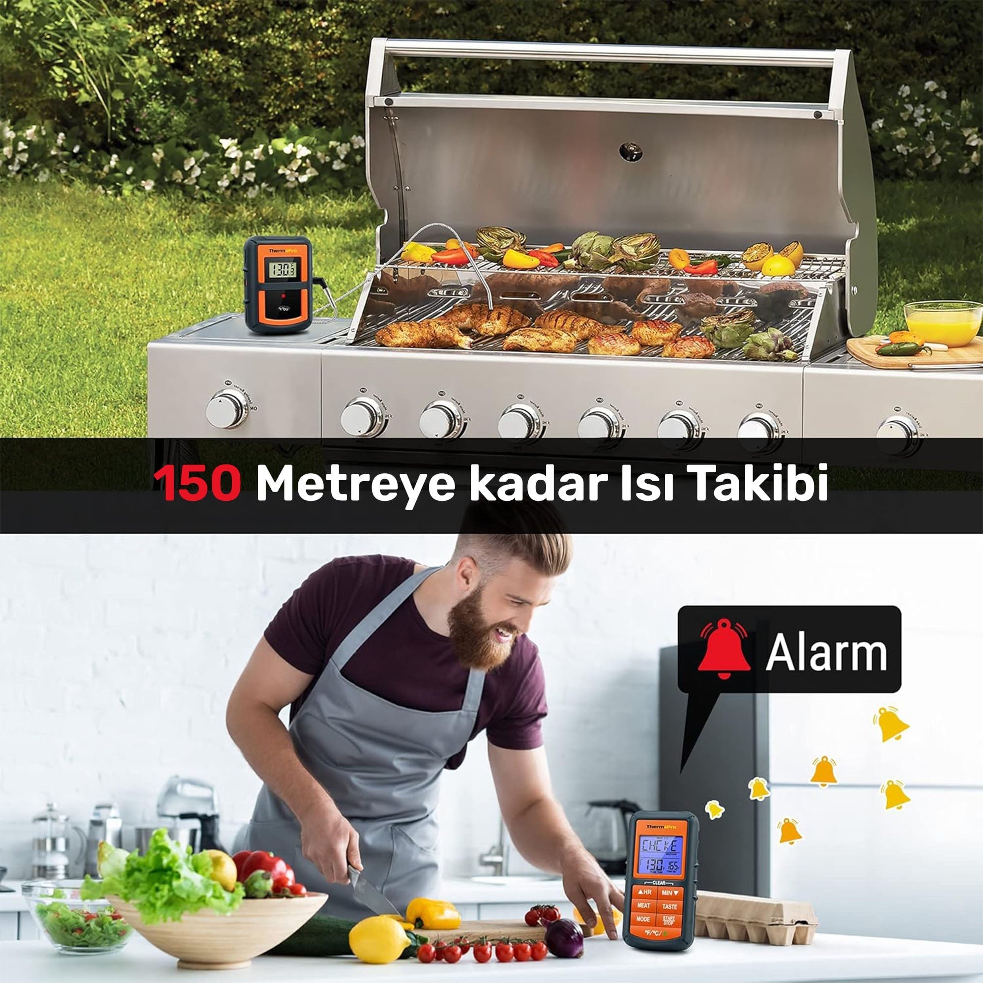 ThermoPro TP07C Alarmlı, Aydınlatmalı ve Kablosuz 150m Menzilli Profesyonel Gıda Pişirme Termometre