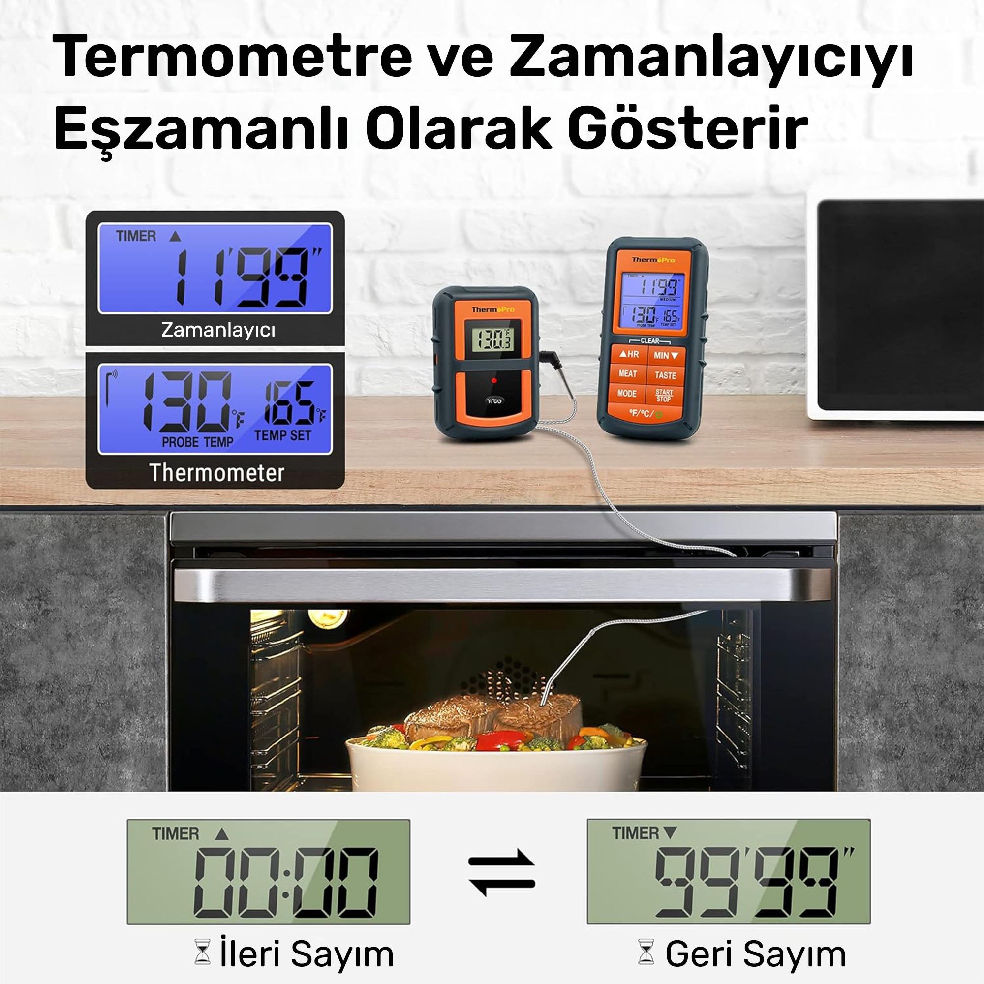 ThermoPro TP07C Alarmlı, Aydınlatmalı ve Kablosuz 150m Menzilli Profesyonel Gıda Pişirme Termometre