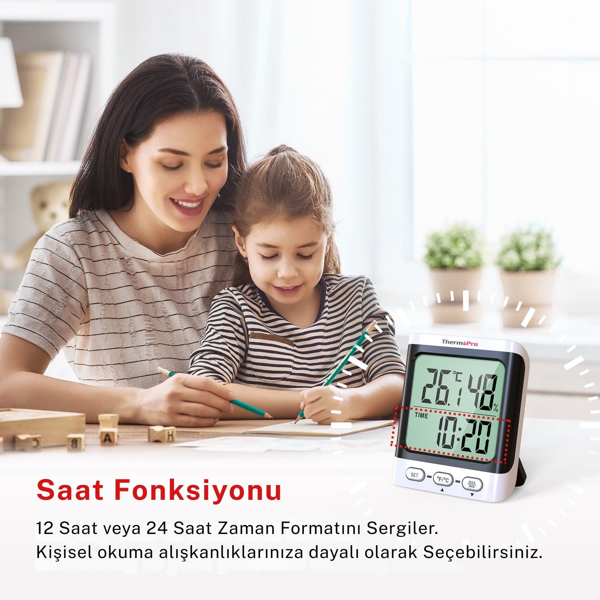 Thermopro TP152 8,5" LCD Ekranlı İç Mekan Dijital Sıcaklık ve Nem Ölçer Termometre