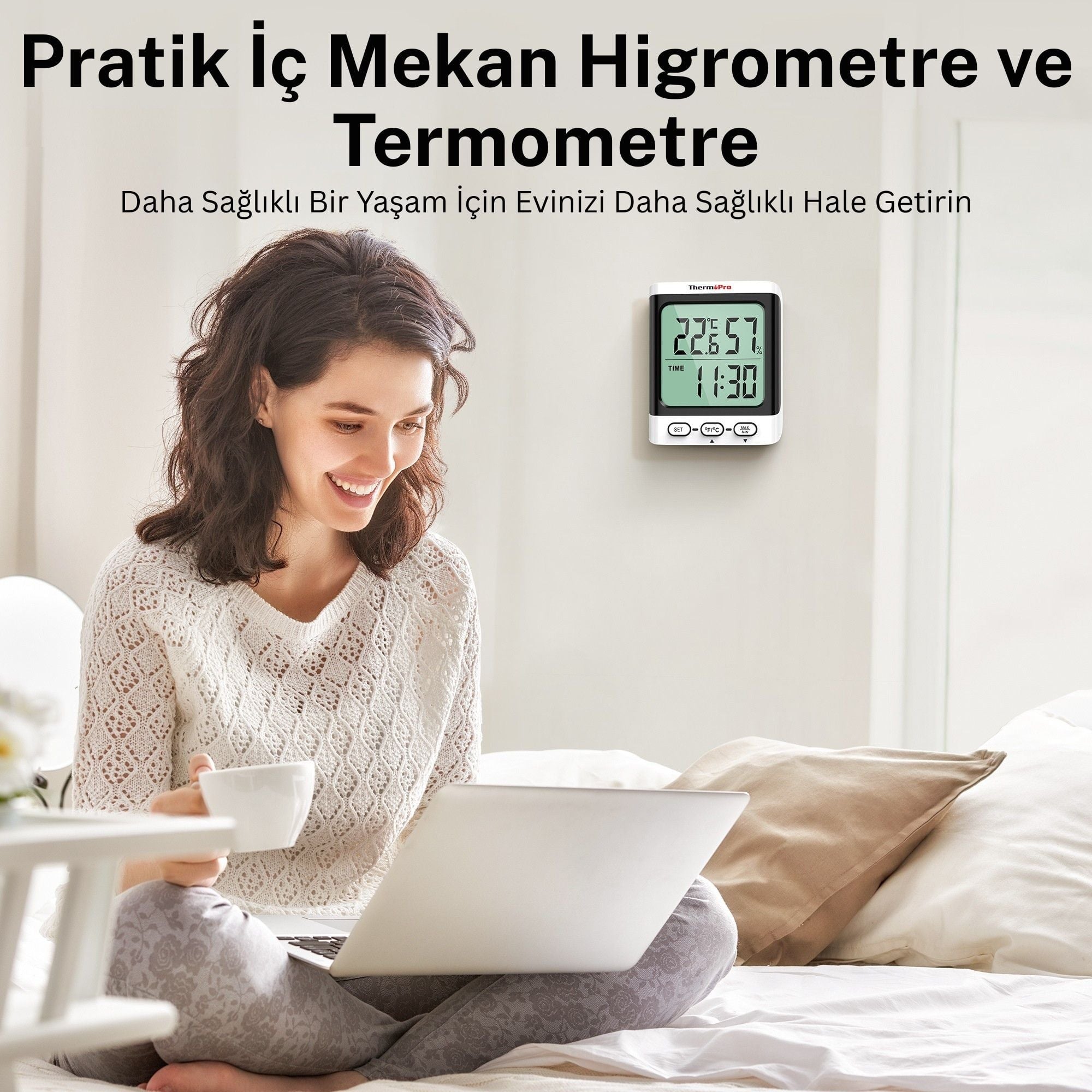 Thermopro TP152 8,5" LCD Ekranlı İç Mekan Dijital Sıcaklık ve Nem Ölçer Termometre
