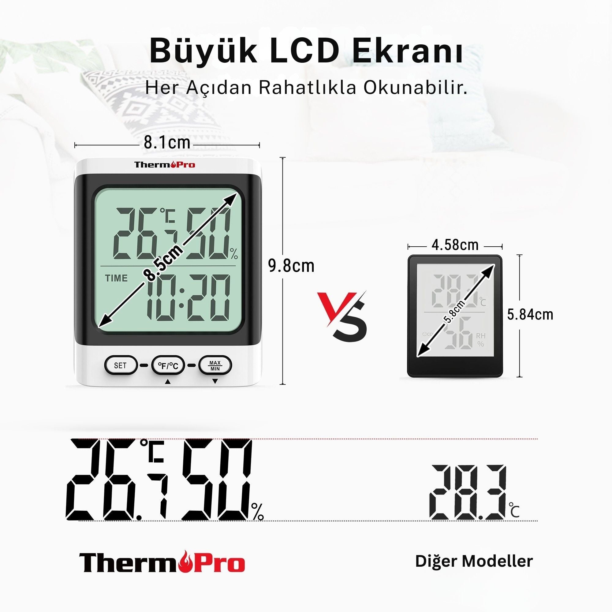 Thermopro TP152 8,5" LCD Ekranlı İç Mekan Dijital Sıcaklık ve Nem Ölçer Termometre
