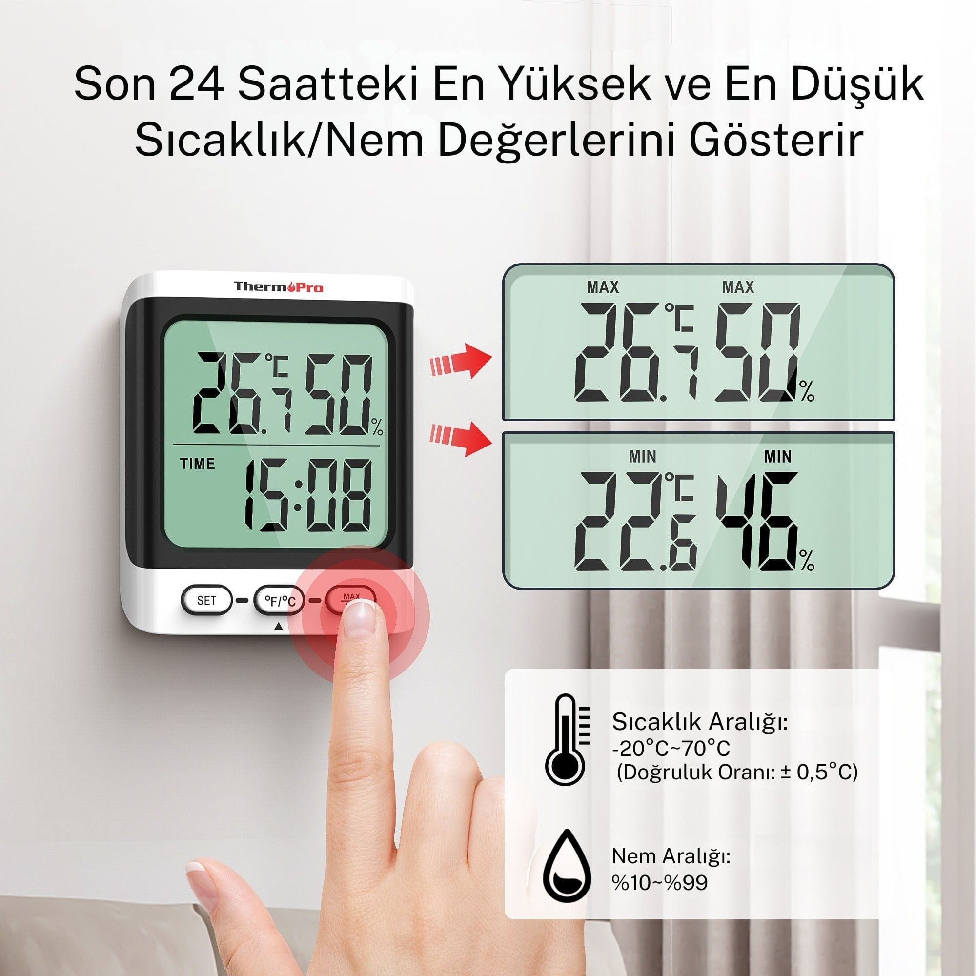Thermopro TP152 8,5" LCD Ekranlı İç Mekan Dijital Sıcaklık ve Nem Ölçer Termometre