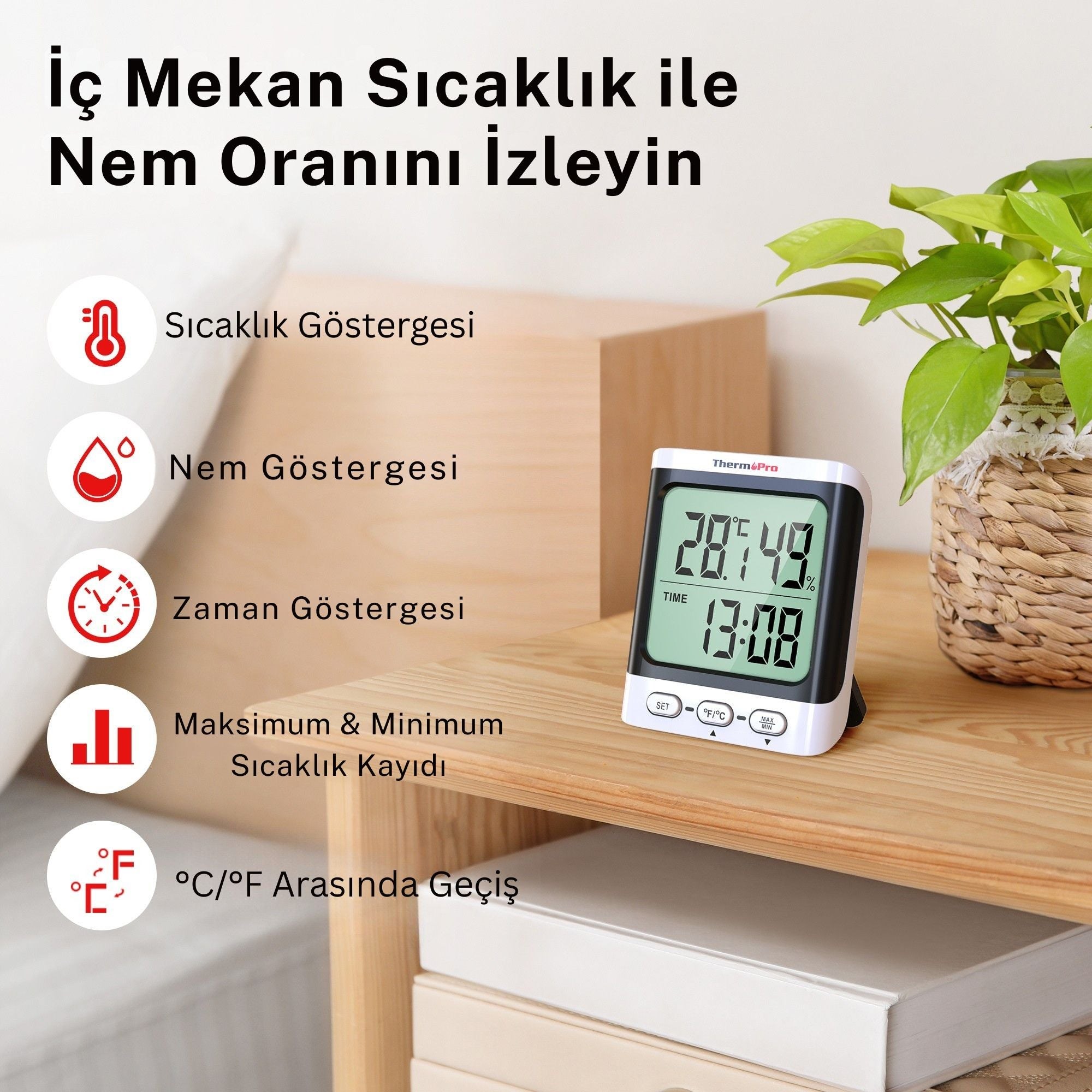 Thermopro TP152 8,5" LCD Ekranlı İç Mekan Dijital Sıcaklık ve Nem Ölçer Termometre