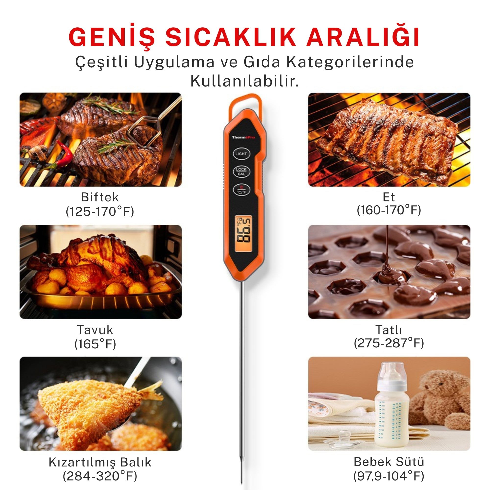 ThermoPro TP15H Dijital Et ve Gıda Termometresi - IPX6 Su Geçirmez, 3 Saniyede Hızlı Ölçüm