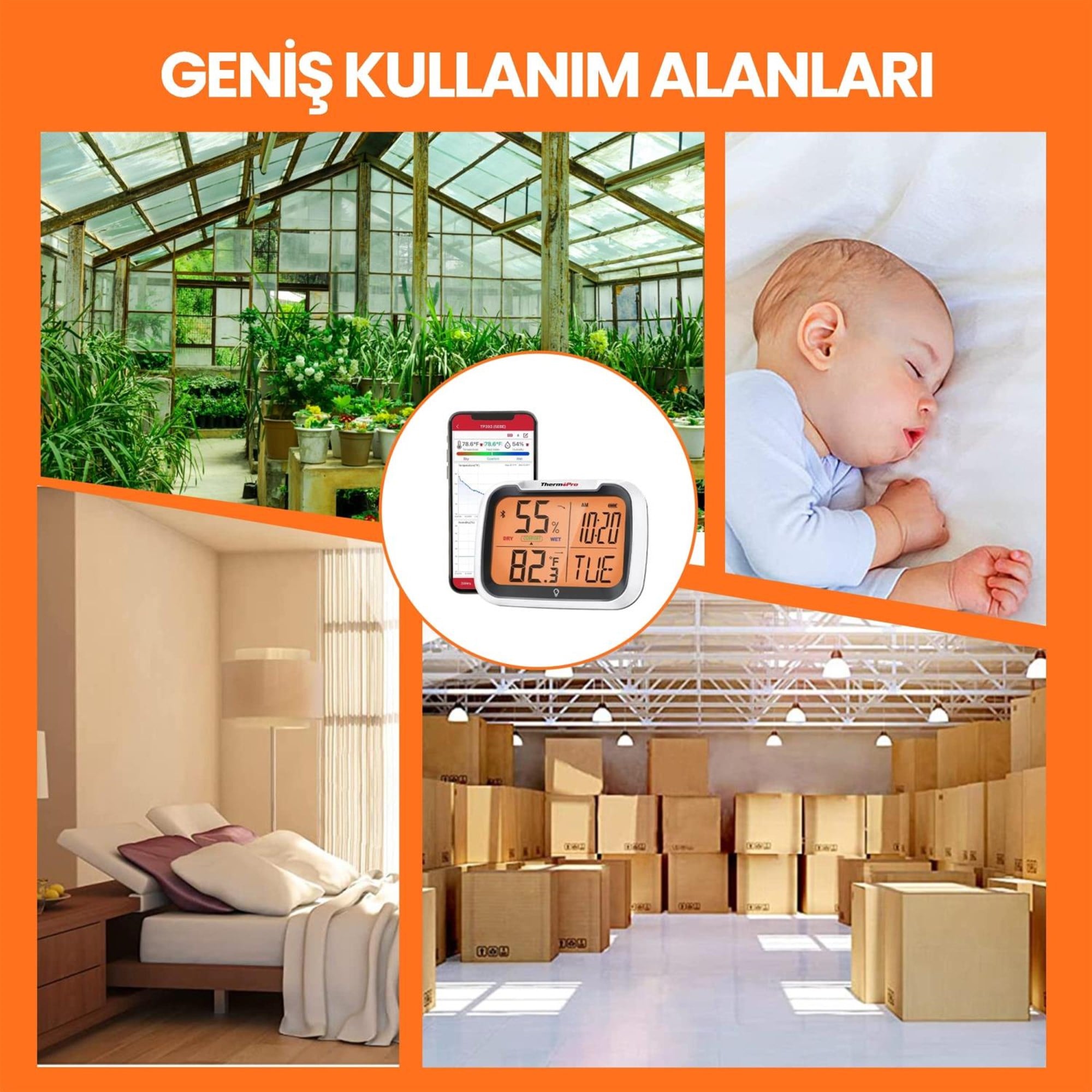 Thermopro TP393 APPli Saatli Limit Aşım Uyarılı Iç Mekan Sıcaklık ve Nem Ölçer Termometre