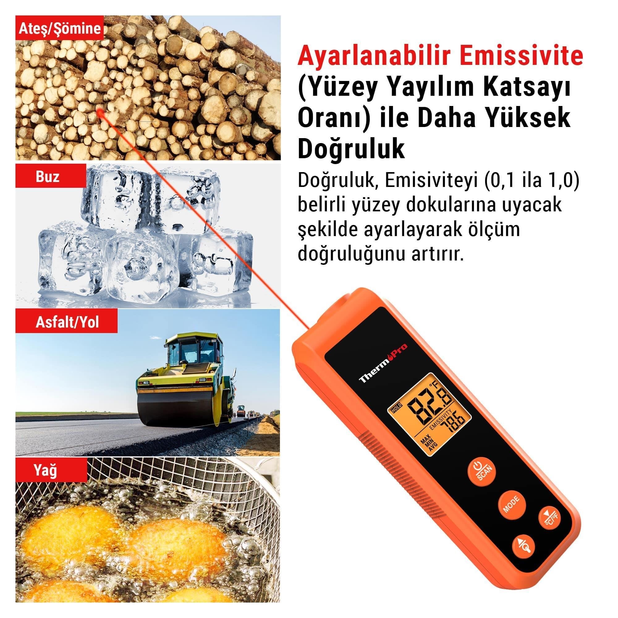 ThermoPro TP410 Mini Cep Boy Taşınabilir Endüstriyel Kızılötesi Katı-Sıvı Sıcaklık Ölçer