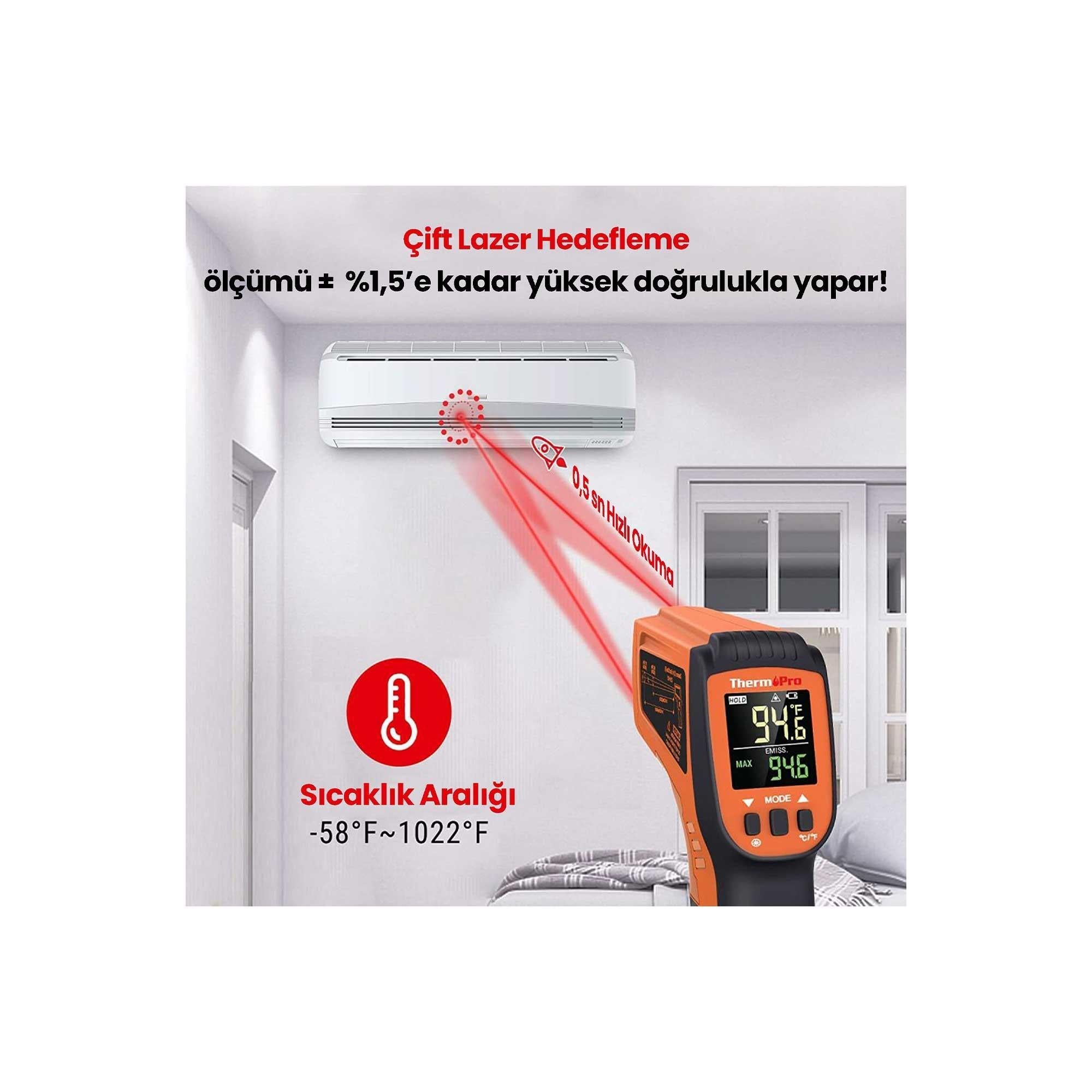 ThermoPro TP450 -50C/+550C Antişok Dual Lazer Endüstriyel Kızılötesi Temassız Termometre