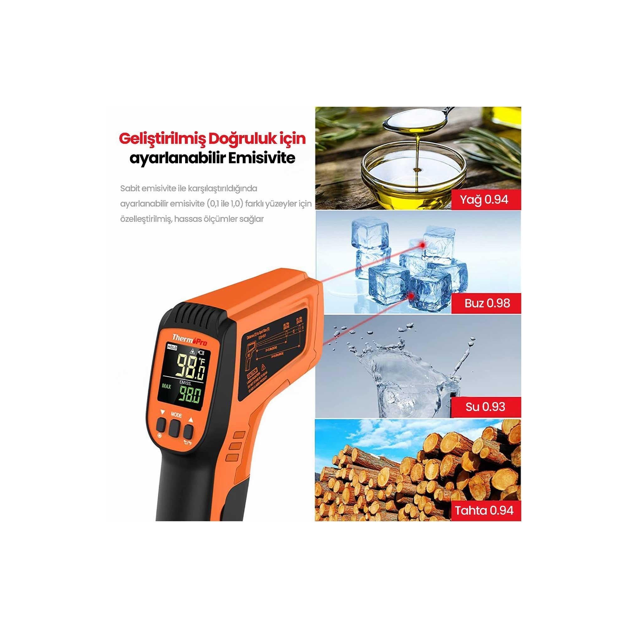 ThermoPro TP450 -50C/+550C Antişok Dual Lazer Endüstriyel Kızılötesi Temassız Termometre