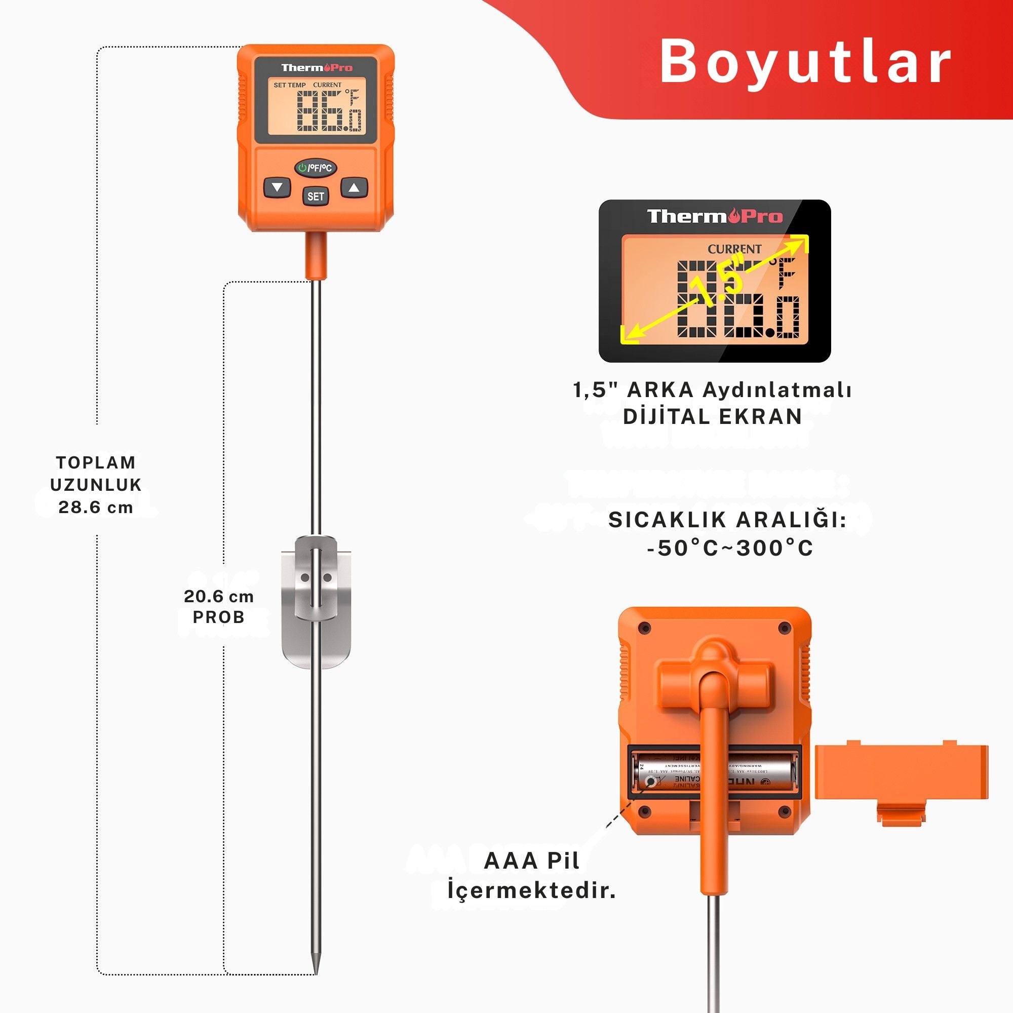 Thermopro TP511 Uzun Problu Programlanabilir Alarmlı Geniş Ekranlı Pişirme Termometresi