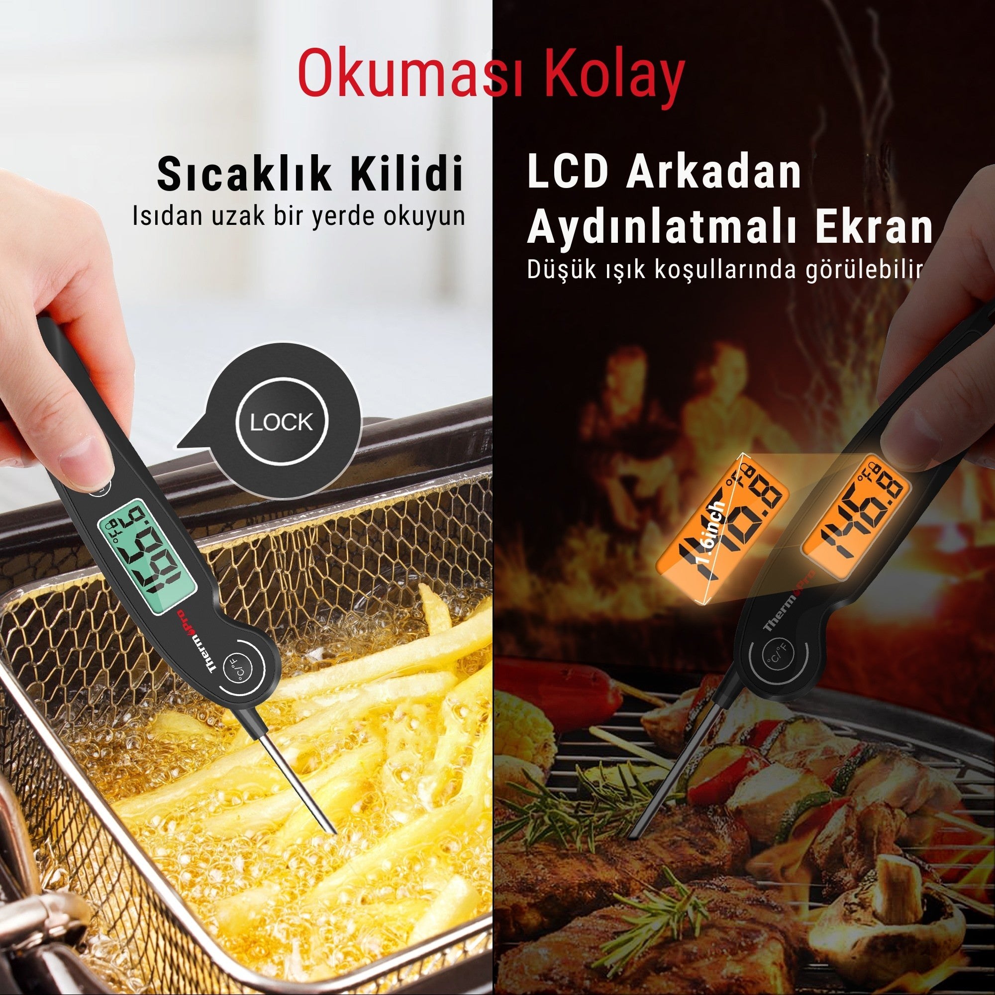 Thermopro TP605 Katlanabilir Problu Profesyonel  Gıda Pişirme Termometresi-Siyah