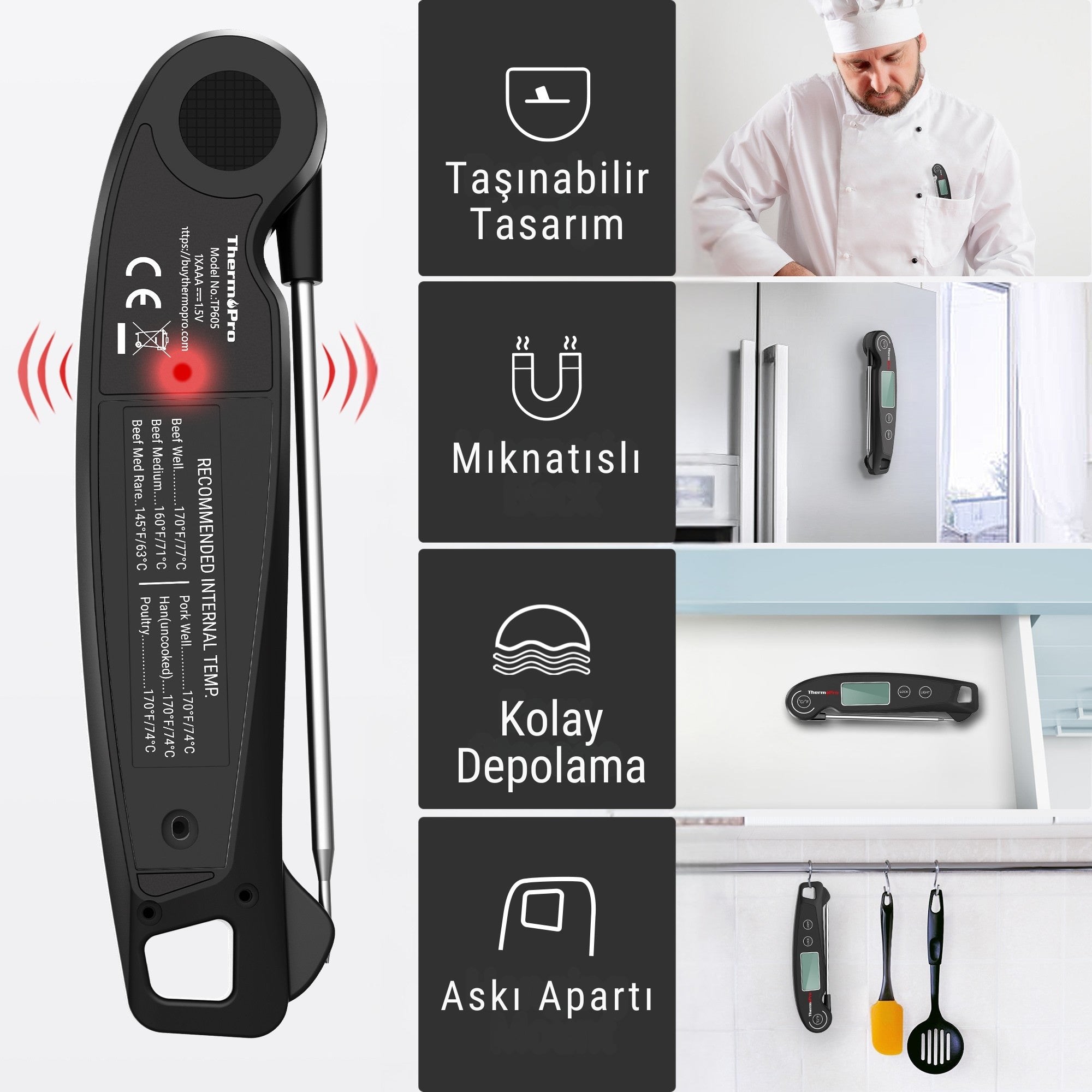 Thermopro TP605 Katlanabilir Problu Profesyonel  Gıda Pişirme Termometresi-Siyah