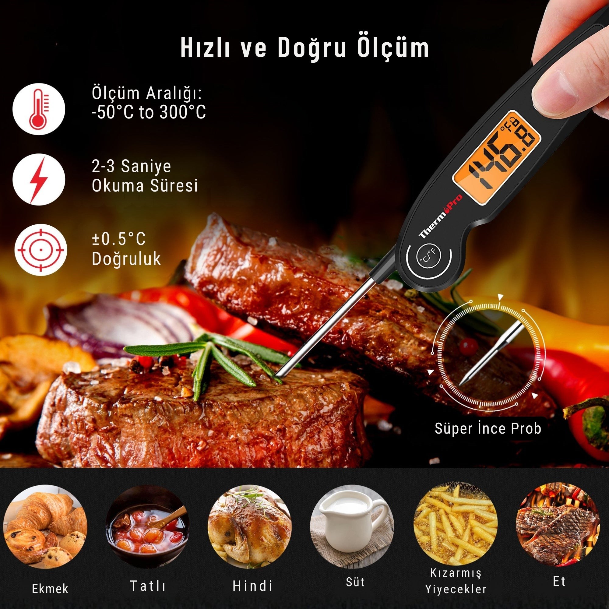 Thermopro TP605 Katlanabilir Problu Profesyonel  Gıda Pişirme Termometresi-Siyah