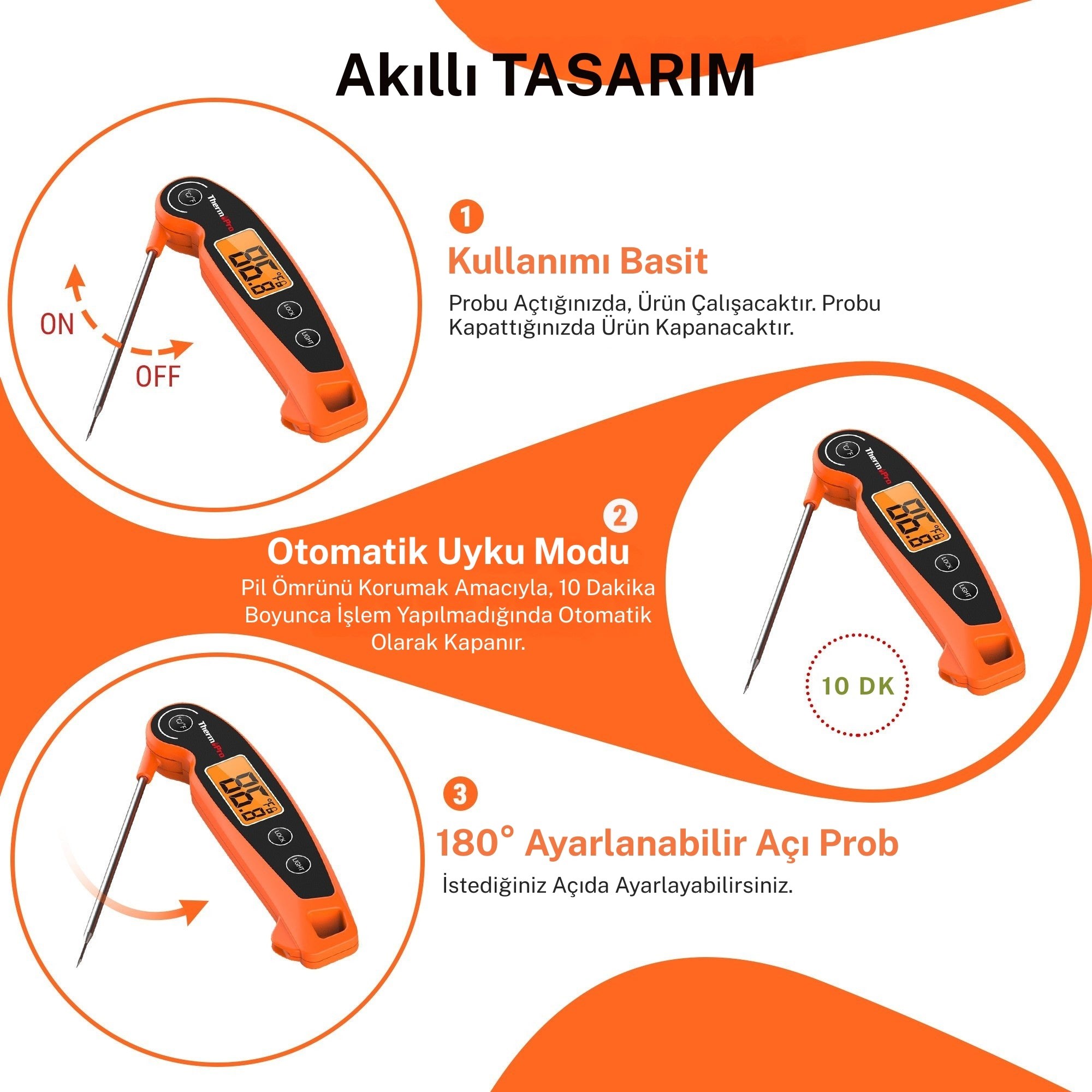 Thermopro TP605W Katlanabilir Problu Profesyonel Gıda Pişirme Termometresi-Turuncu
