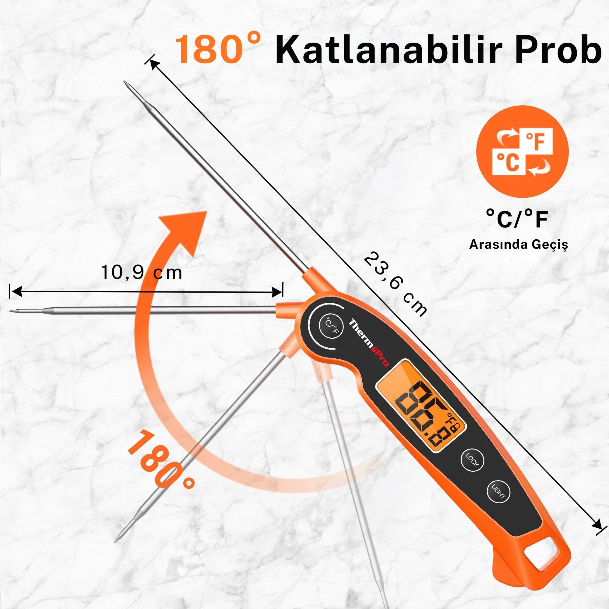 Thermopro TP605W Katlanabilir Problu Profesyonel Gıda Pişirme Termometresi-Turuncu
