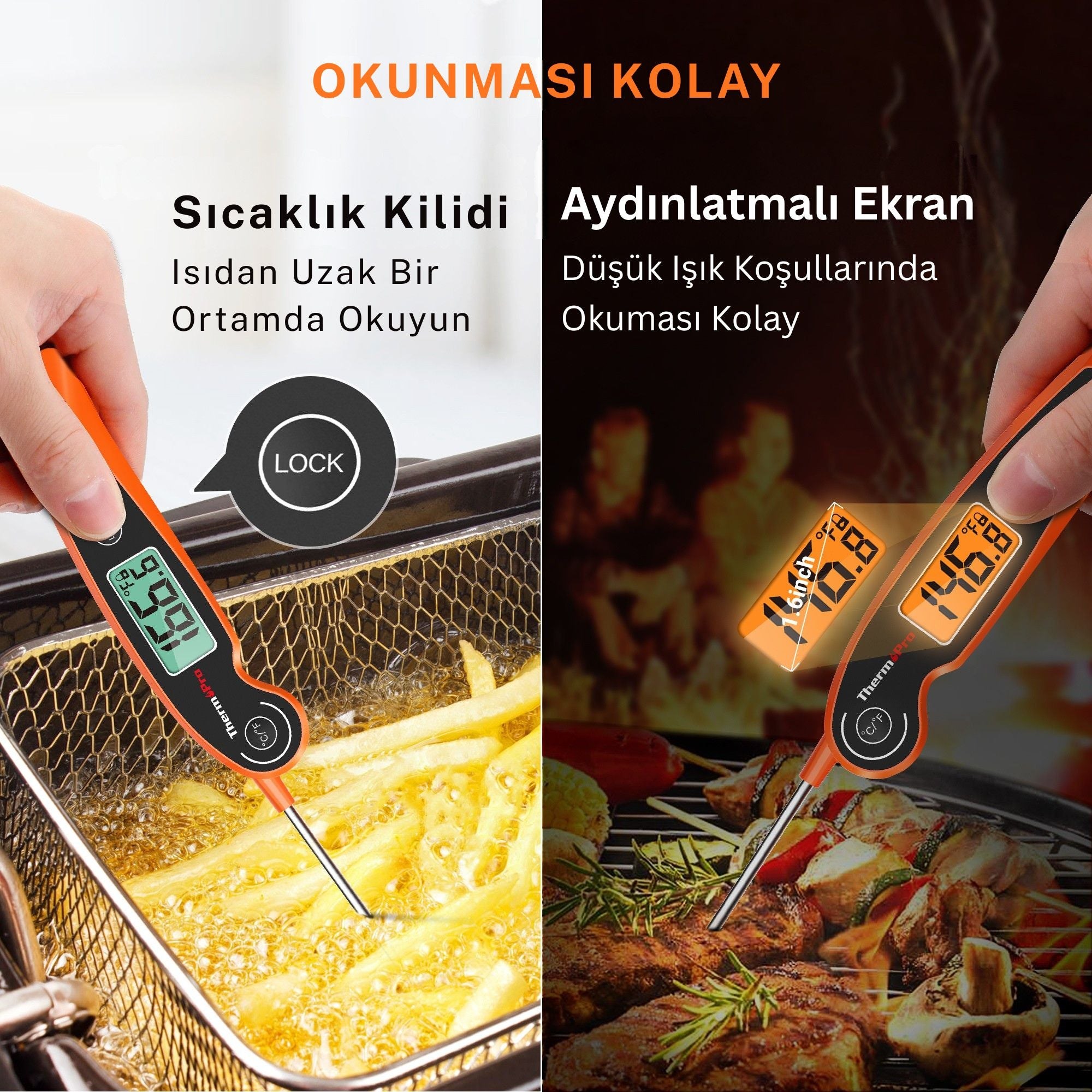 Thermopro TP605W Katlanabilir Problu Profesyonel Gıda Pişirme Termometresi-Turuncu