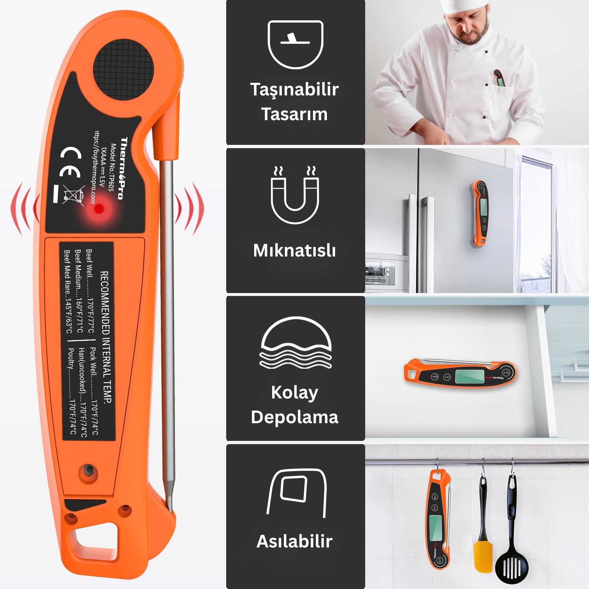 Thermopro TP605W Katlanabilir Problu Profesyonel Gıda Pişirme Termometresi-Turuncu