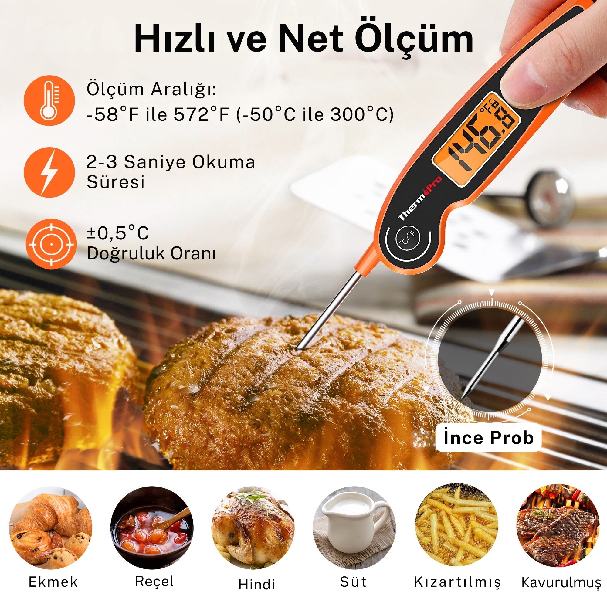 Thermopro TP605W Katlanabilir Problu Profesyonel Gıda Pişirme Termometresi-Turuncu