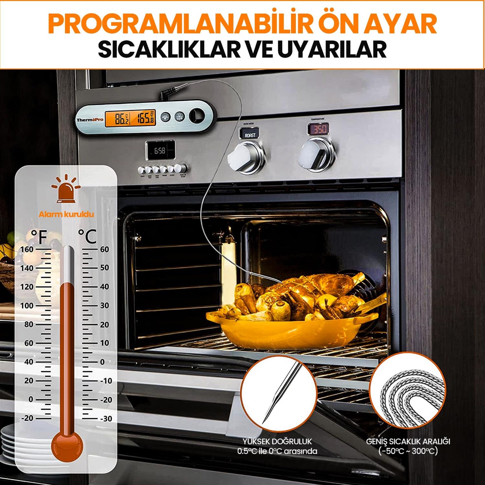 ThermoPro TP610 Su Geçirmez, Dijital ve Işıklı Çift Problu Katlanabilir Profesyonel Gıda Termometre