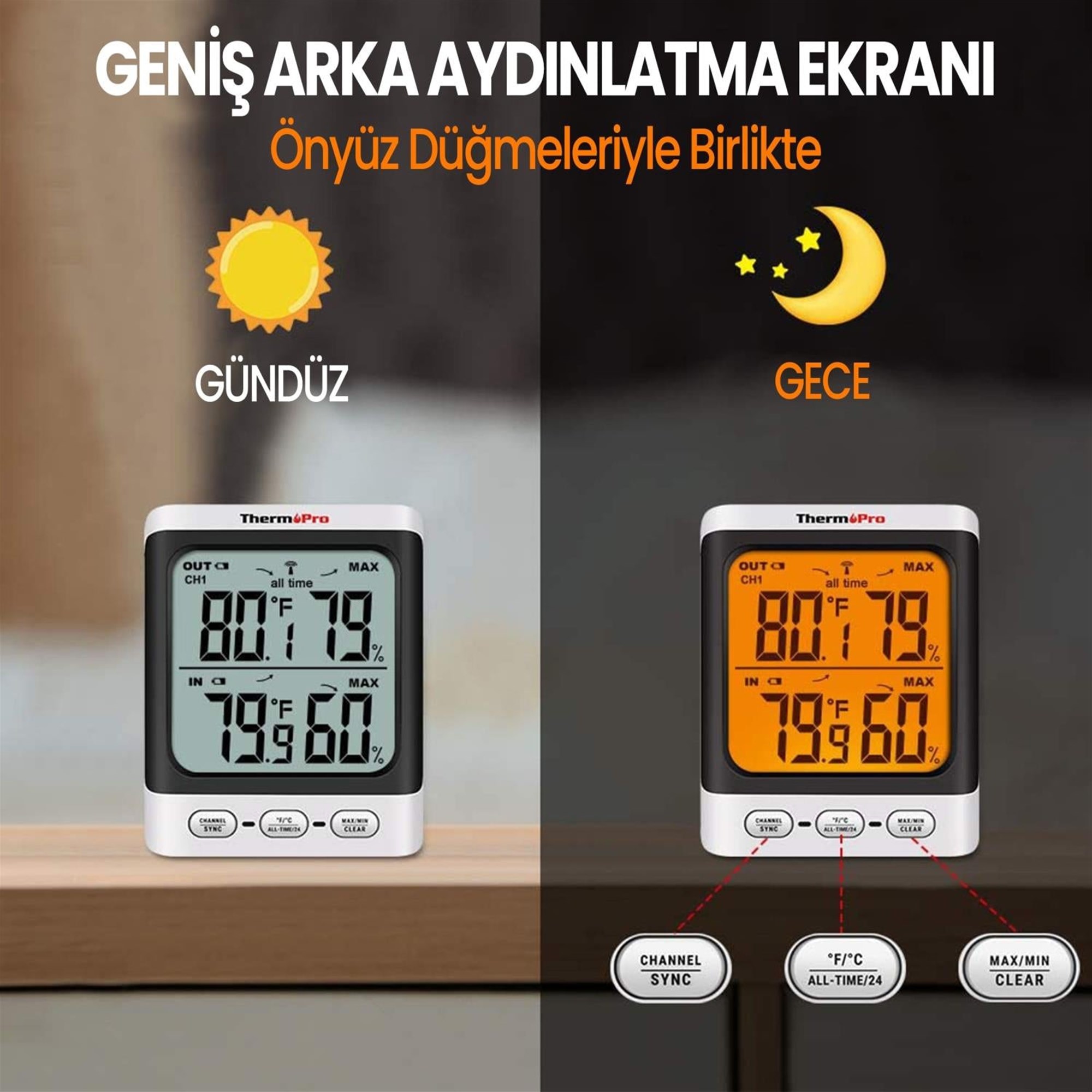 ThermoPro TP62 İç ve Dış Mekan (Sensörlü) Dijital Sıcaklık ve Nem Ölçer