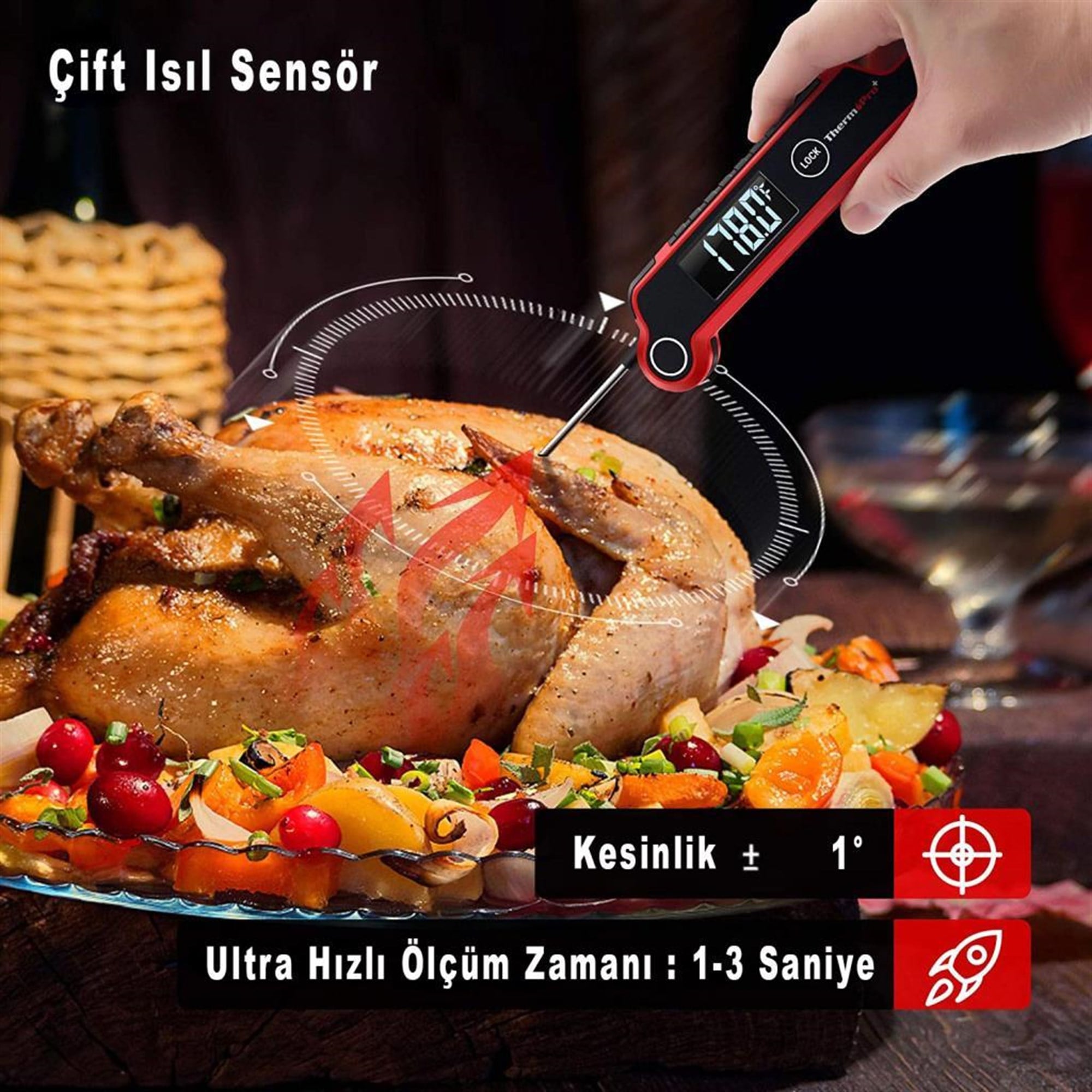 Thermopro TP620 Su Geçirmez Katlanabilir LED Ekranlı Gıda Pişirme Termometresi