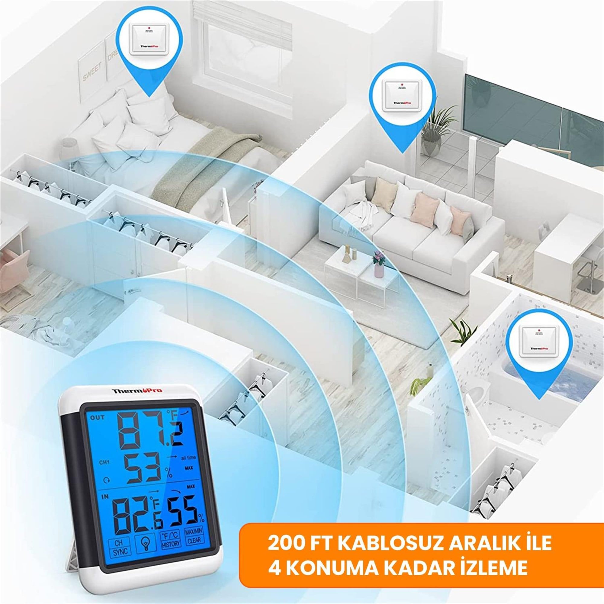ThermoPro TP65 Dokunmatik Işıklı Geniş Ekran İç ve Dış Mekan (Sensörlü) Dijital Sıcaklık ve Nem Ölçer