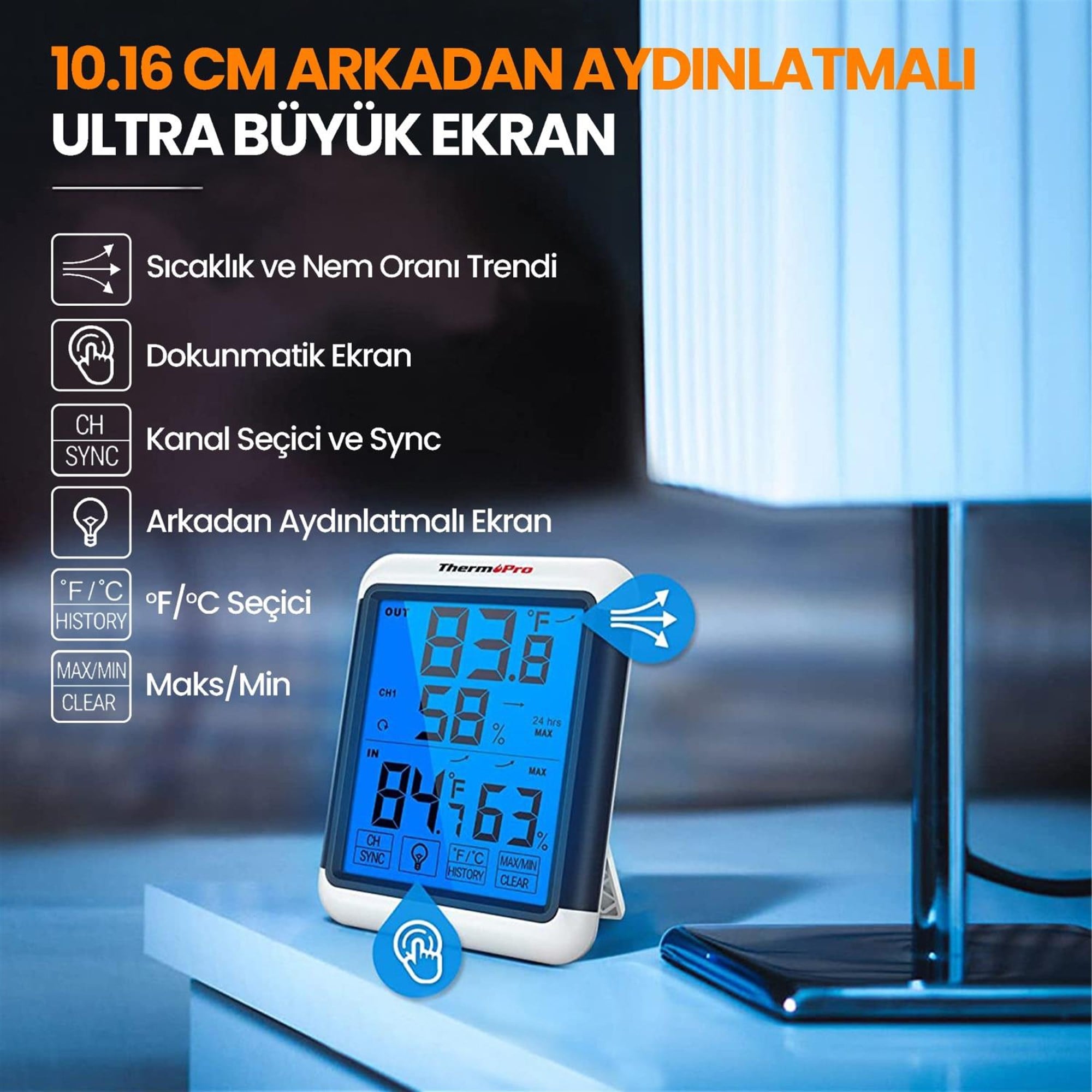ThermoPro TP65 Dokunmatik Işıklı Geniş Ekran İç ve Dış Mekan (Sensörlü) Dijital Sıcaklık ve Nem Ölçer