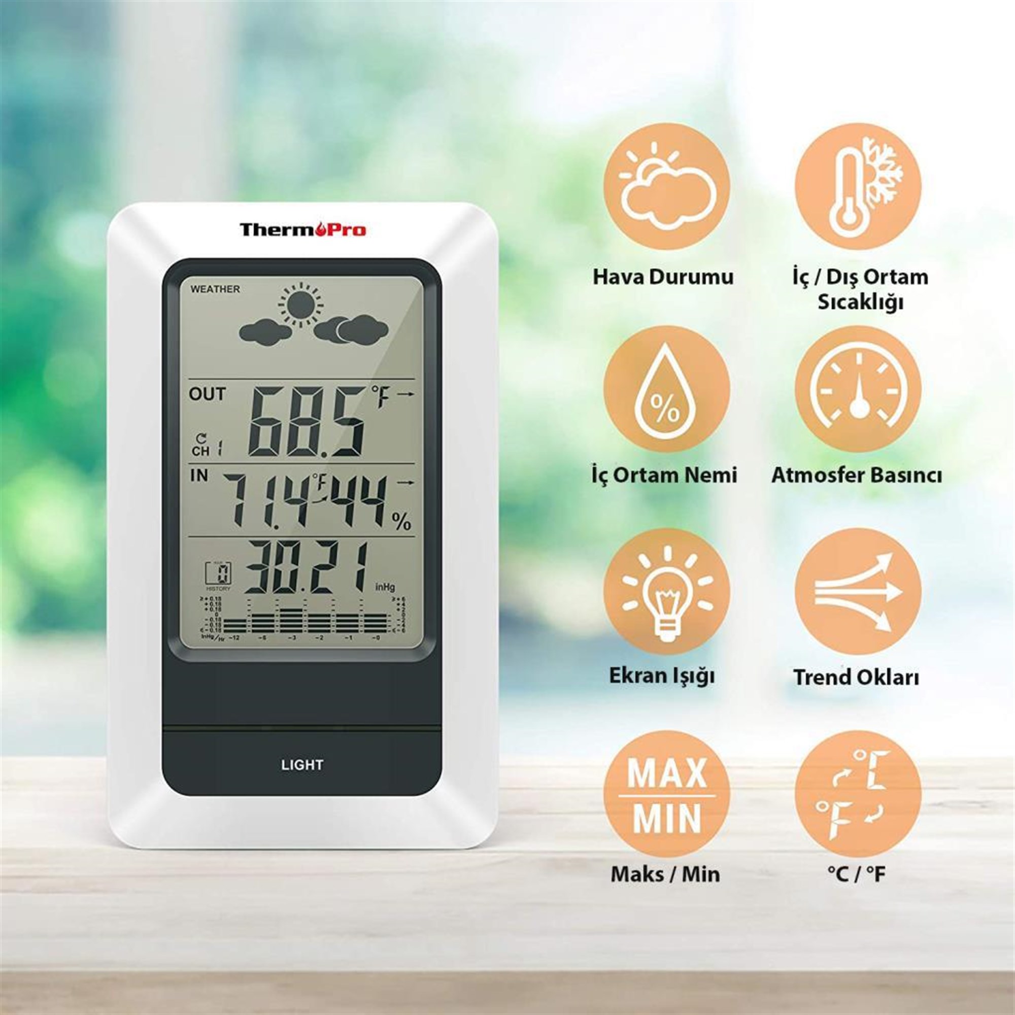 ThermoPro TP67A Wifi İç-Dış Mekan Dijital Sıcaklık,Nem,Basınç Ölçer OUTLET