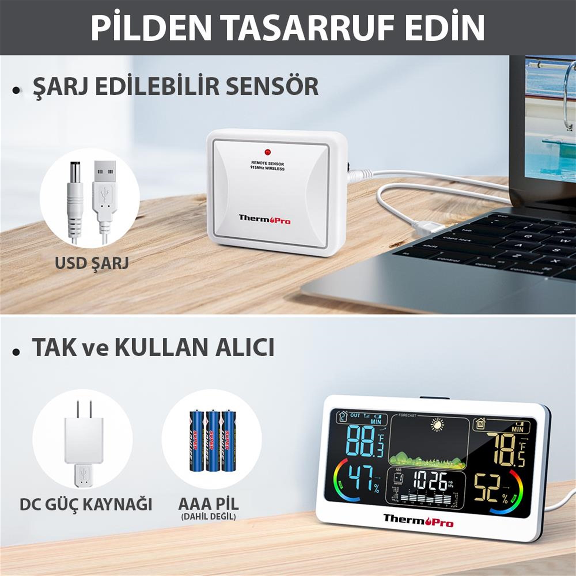 ThermoPro TP68B 7" Wifi Iç-Dış Mekan Dijital Sıcaklık,Nem,Basınç Ölçer, Hava Tahmin İstasyonu