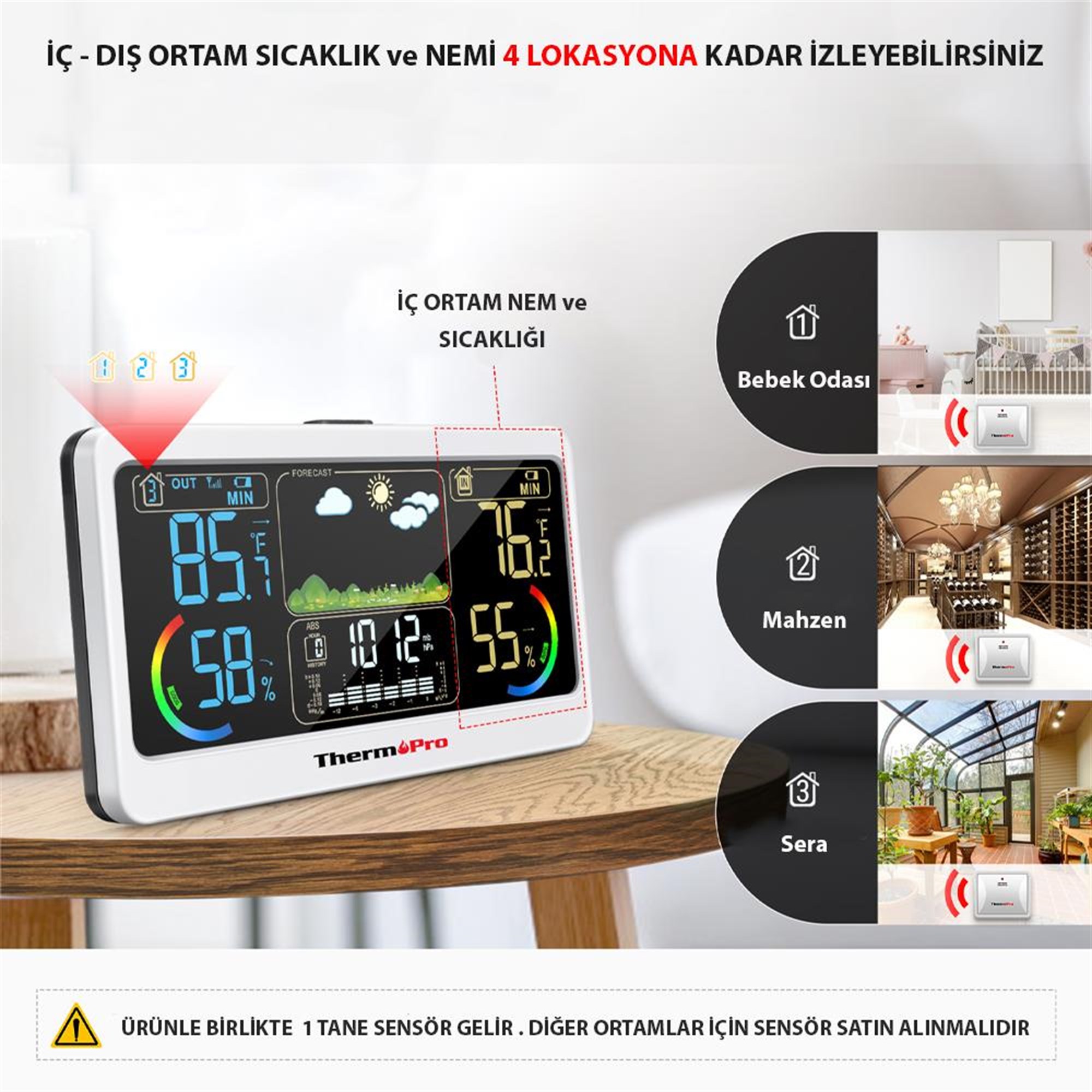 ThermoPro TP68B 7" Wifi Iç-Dış Mekan Dijital Sıcaklık,Nem,Basınç Ölçer, Hava Tahmin İstasyonu