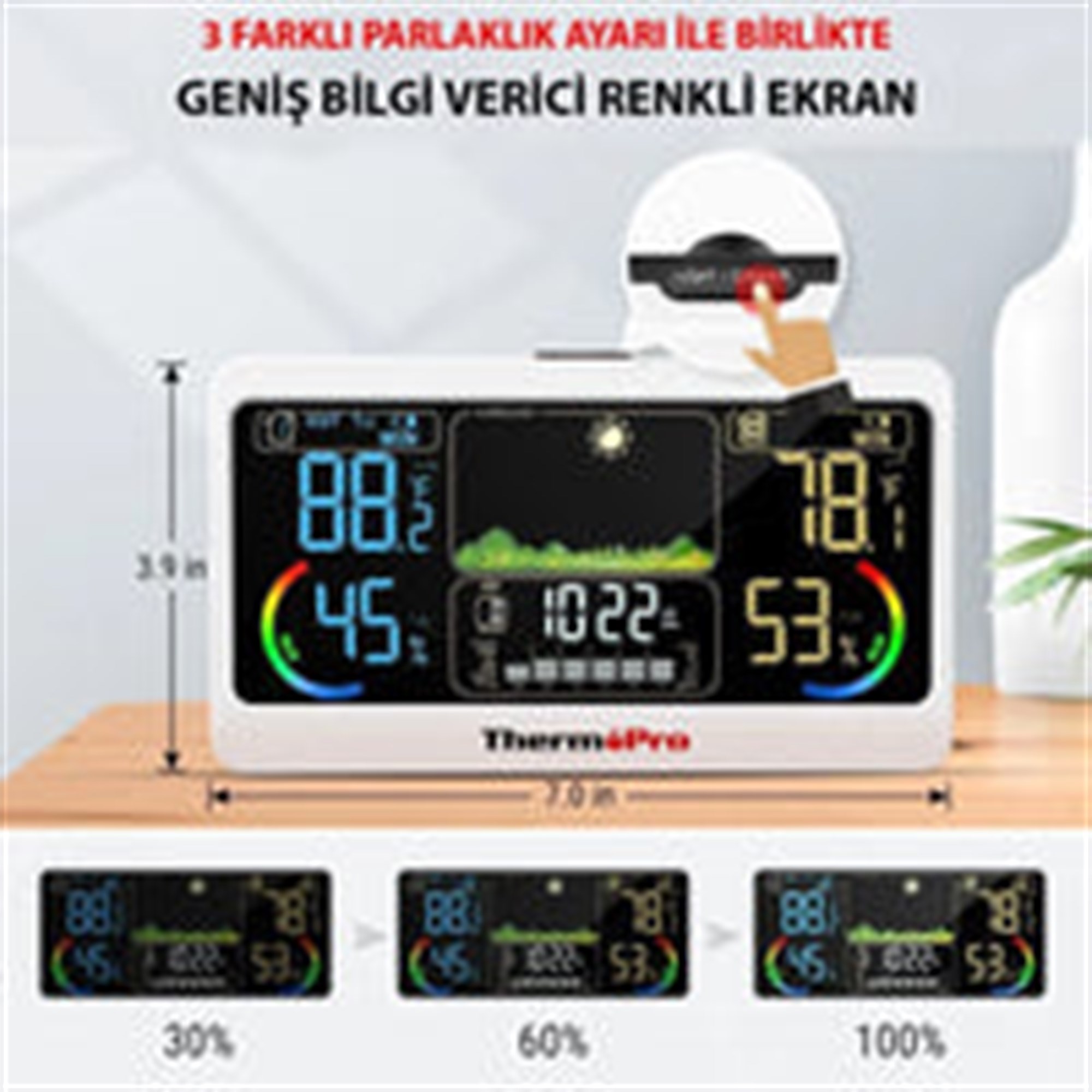 ThermoPro TP68B 7'' Wifi Iç-Dış Mekan Dijital Sıcaklık,Nem,Basınç Ölçer, Hava Tahmin İstasyonu OUTLET