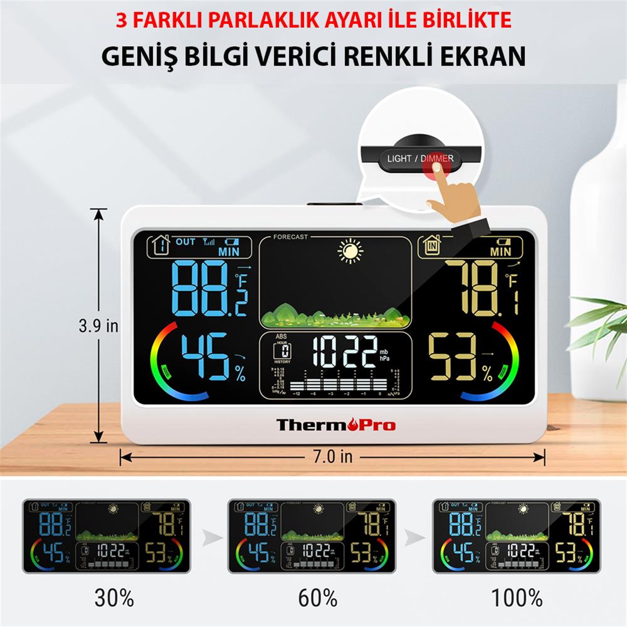 ThermoPro TP68B 7" Wifi Iç-Dış Mekan Dijital Sıcaklık,Nem,Basınç Ölçer, Hava Tahmin İstasyonu