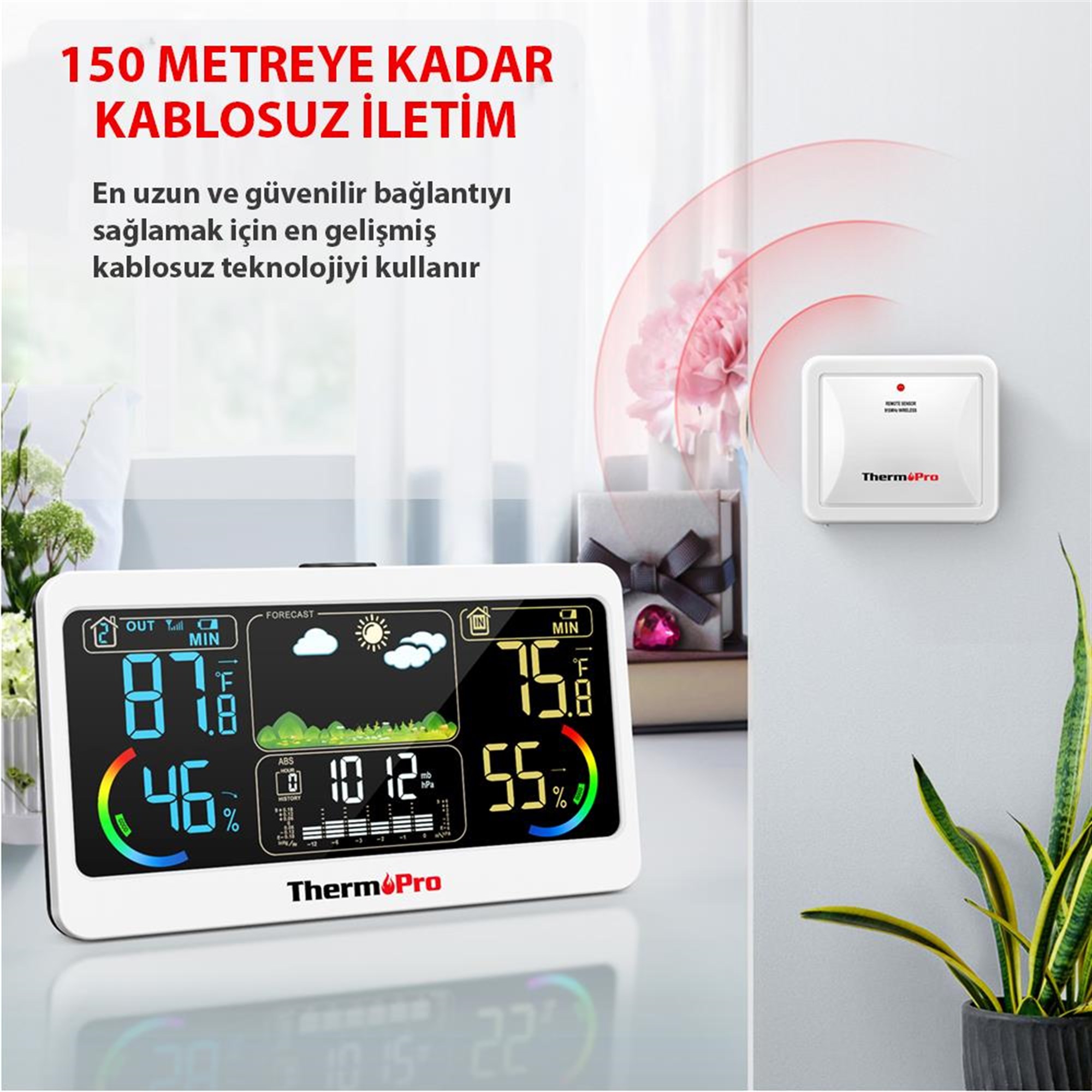 ThermoPro TP68B 7" Wifi Iç-Dış Mekan Dijital Sıcaklık,Nem,Basınç Ölçer, Hava Tahmin İstasyonu