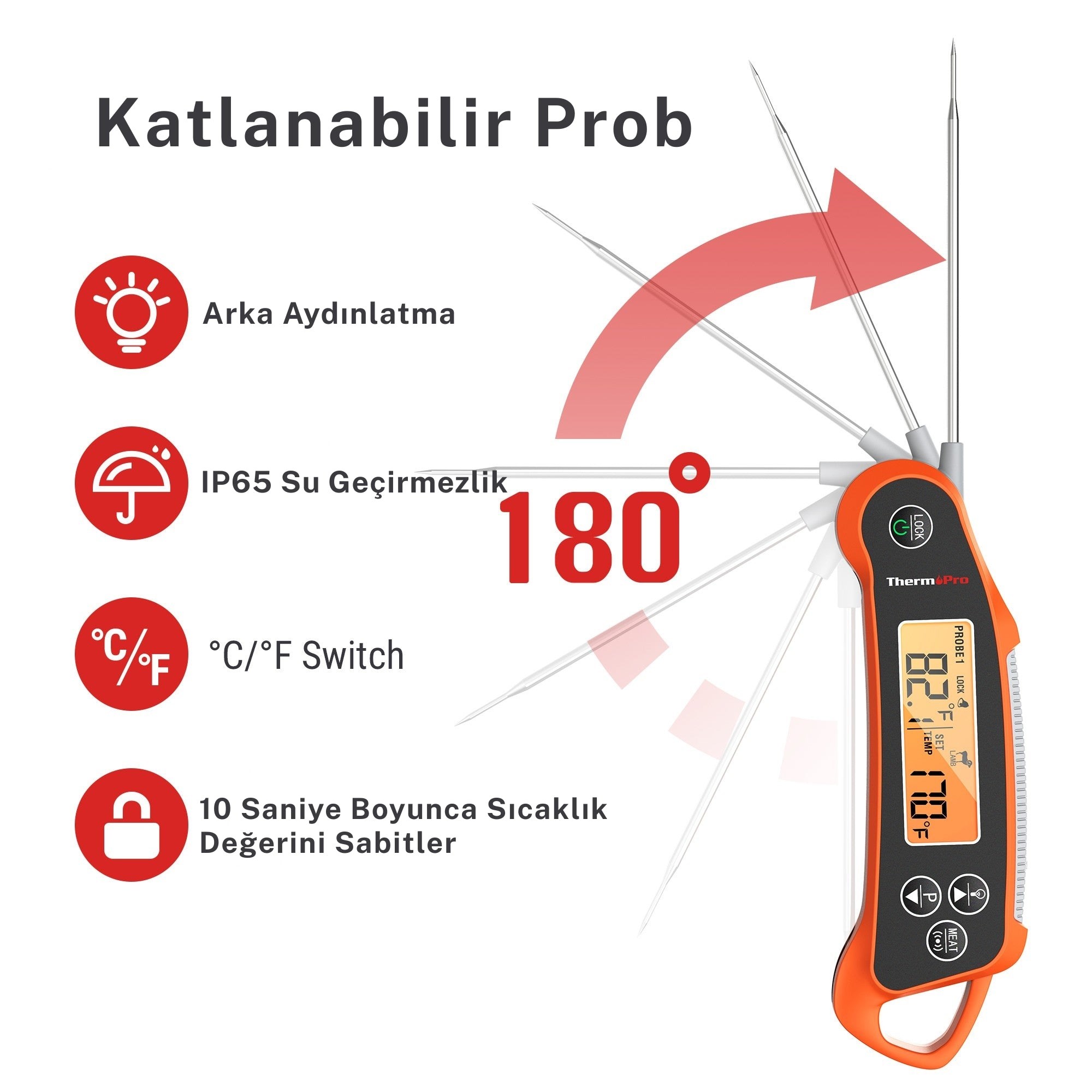 Thermopro Tp710 Katlanabilir Ek Problu Profesyonel Gıda Pişirme Termometresi