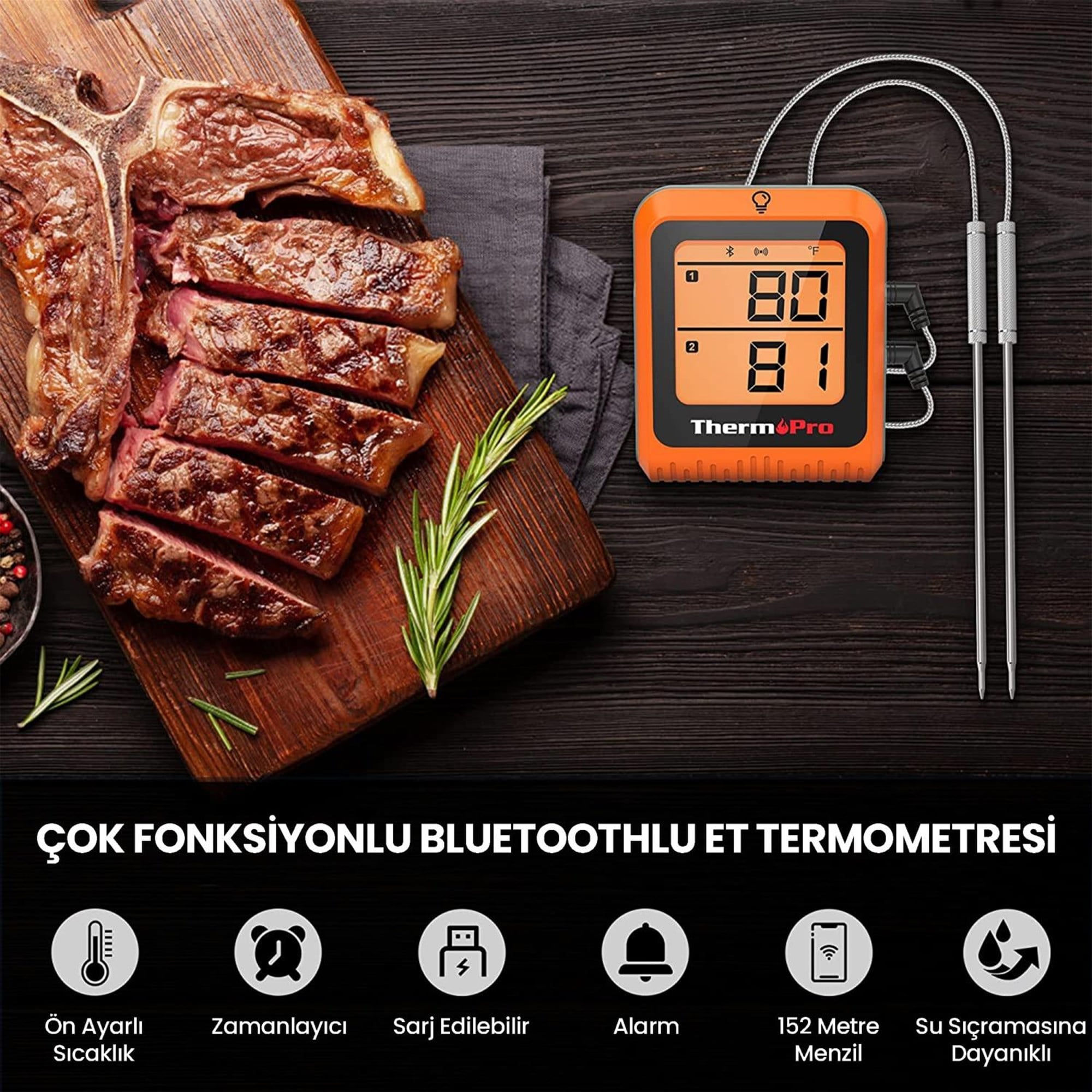 ThermoPro TP920 Cep Telefonu Kontrollü, Bluetooth ve Çift Problu Profesyonel Gıda Pişirme Termometre