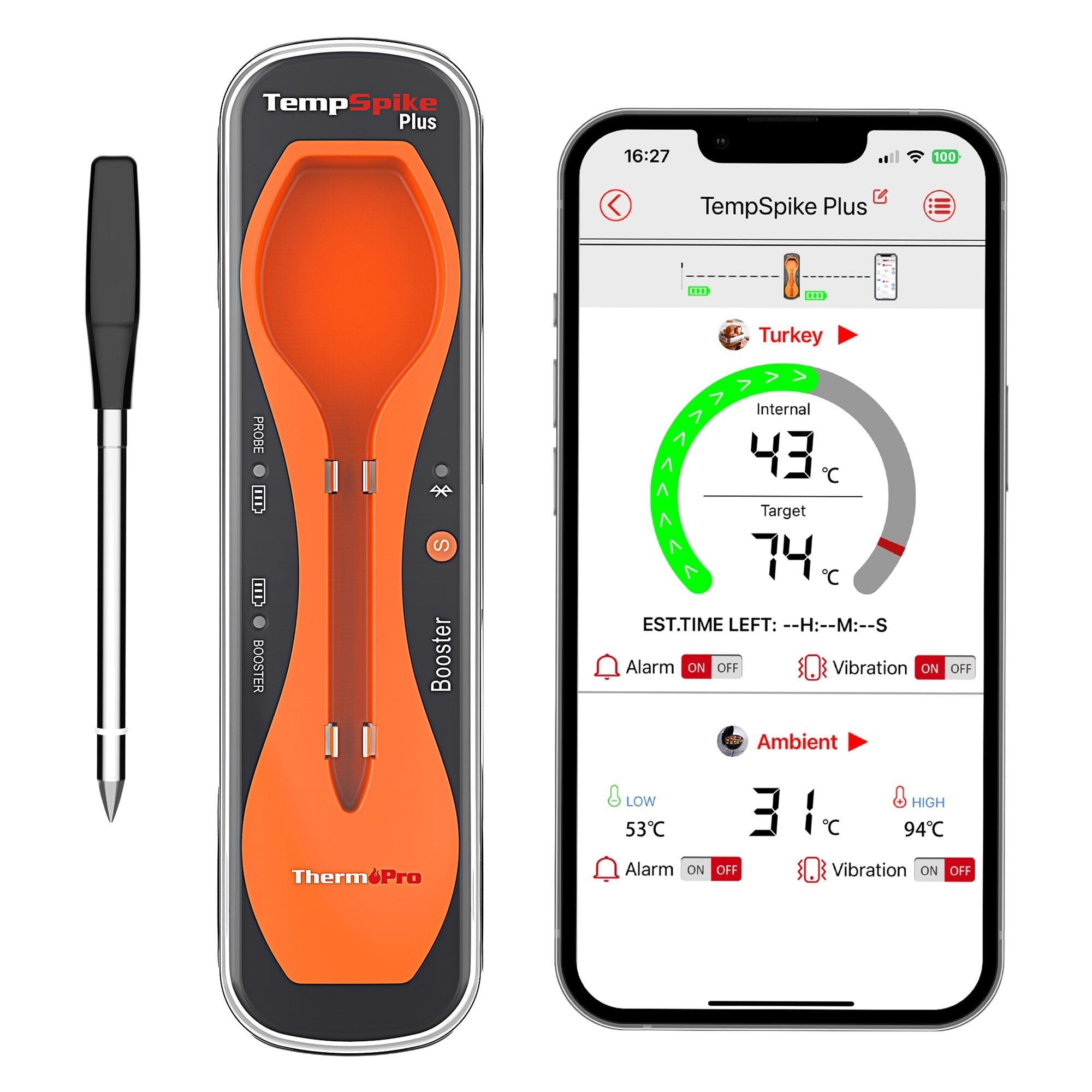 Thermopro TP970 Şarjlı 182m Kablosuz Alarmlı 1Problu Telefon Kontrollü Profesyonel Gıda Termometresi