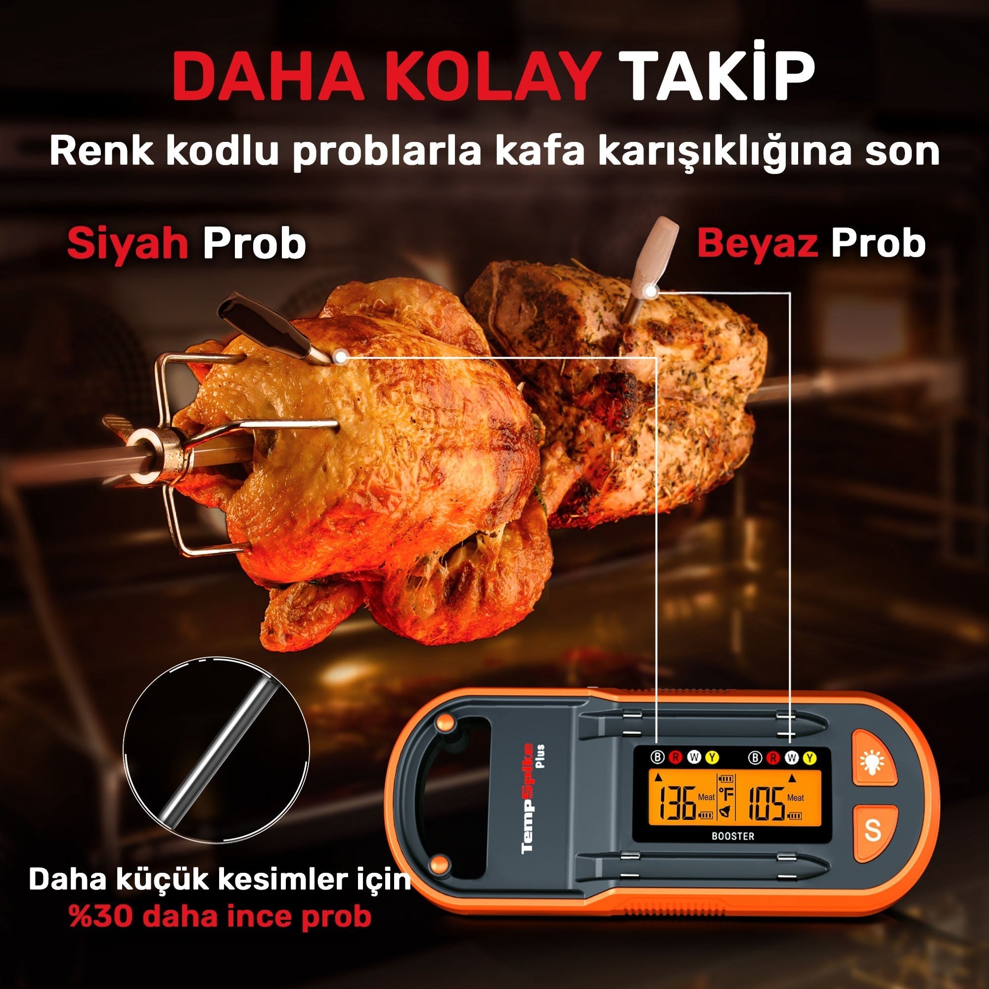 Thermopro TP972 Şarjlı 182m Kablosuz Alarmlı 2Problu Telefon Kontrollü Profesyonel Gıda Termometresi