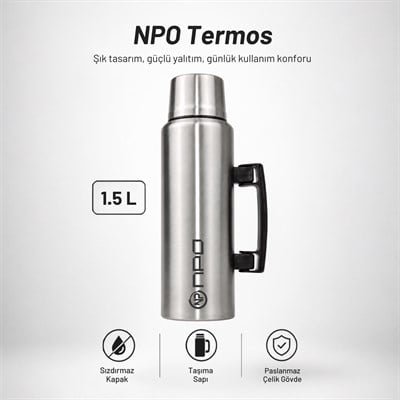 NPO NT01 1.5L Çift Katmanlı Vakum Teknolojili 24H Sıcak 48H Soğuk 72 Saat Buzlu Koruma Çelik Termos