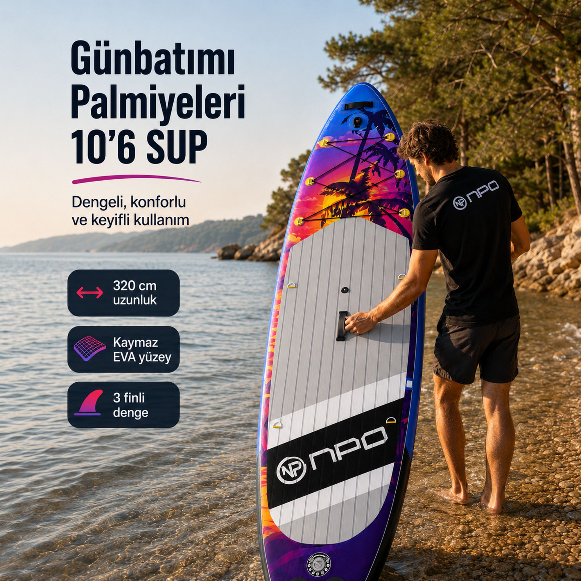 Resim NPO Sunset Palm 320x81x15cm Şişme Premium SUP Paddle Board 148kg Kürek Pompa Çanta Koltuklu Full Set 