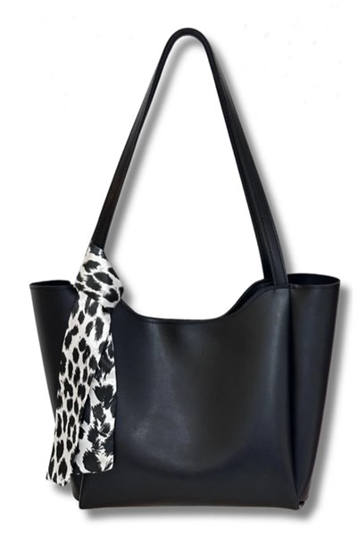 SİYAH Kadın Fularlı Fermuarlı Kapamalı Shopper El Ve Omuz Çantası