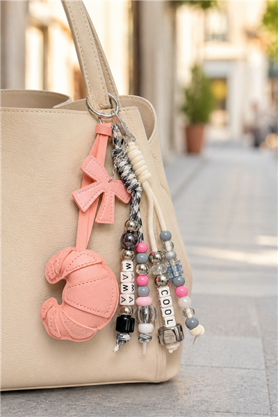 Kruvasan Pembe Deri Charm | Telefon ve Çanta Süsü, Sevimli Anahtarlık Aksesuarı